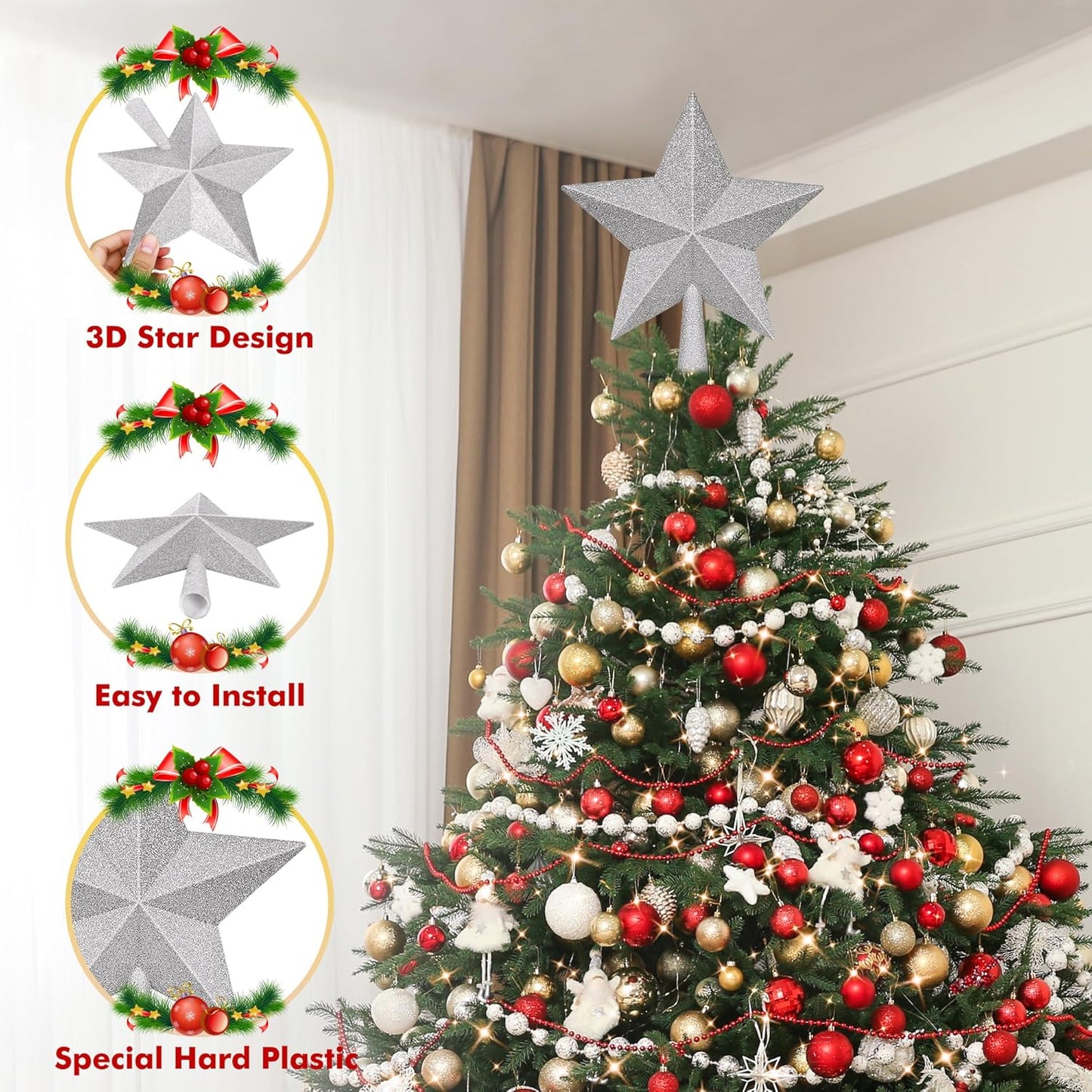Christmas Tree Decoration, 10" Silver Christmas Tree Topper with Glitter, Large Bethlehem Star Xmas Tree Topper Decor, Waterproof Shatterproof Tree Topper for Christmas Holiday Home Indoor Outdoor