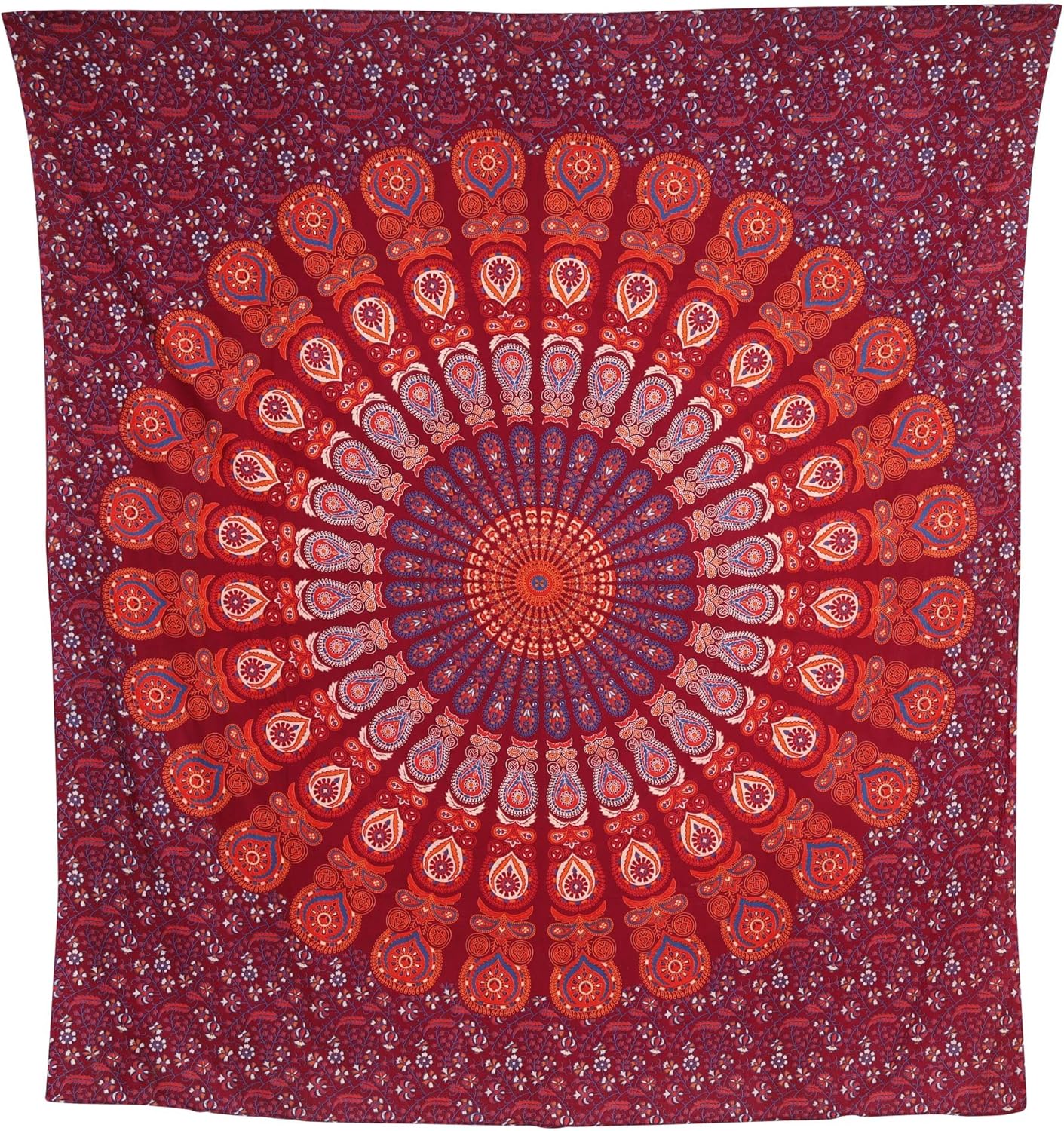 Bless International Handmade Indian hippie Bohemian Psychedelic Peacock Mandala Wall hanging College Dorm Beach Throws Table Cloth Bedding Tapestry (Blue Red, Queen(84x90Inches)(215x230Cms))