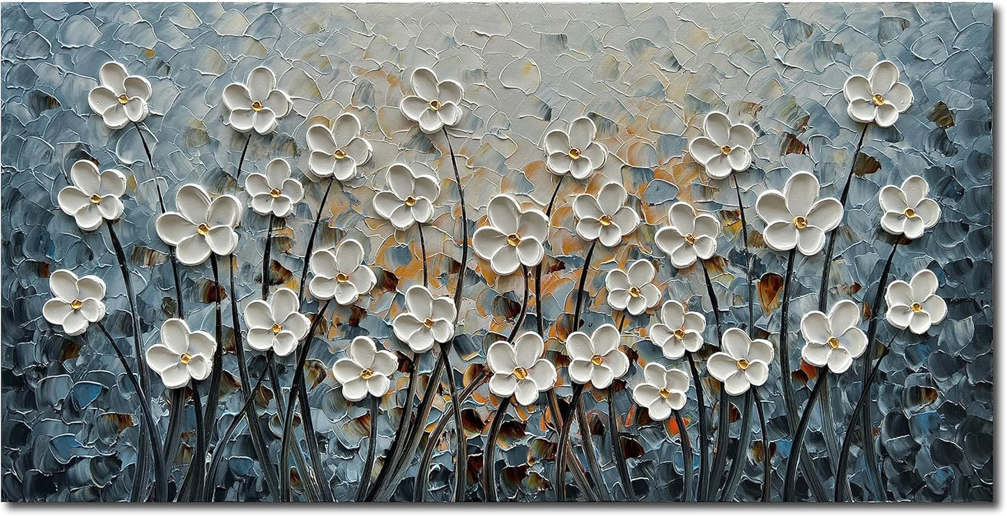 White Flower Canvas Wall Art Painting Hand-Painted Contemporary Art Works Living Room, Bedroom, Dining Room Wall Decoration 24x48 Inch