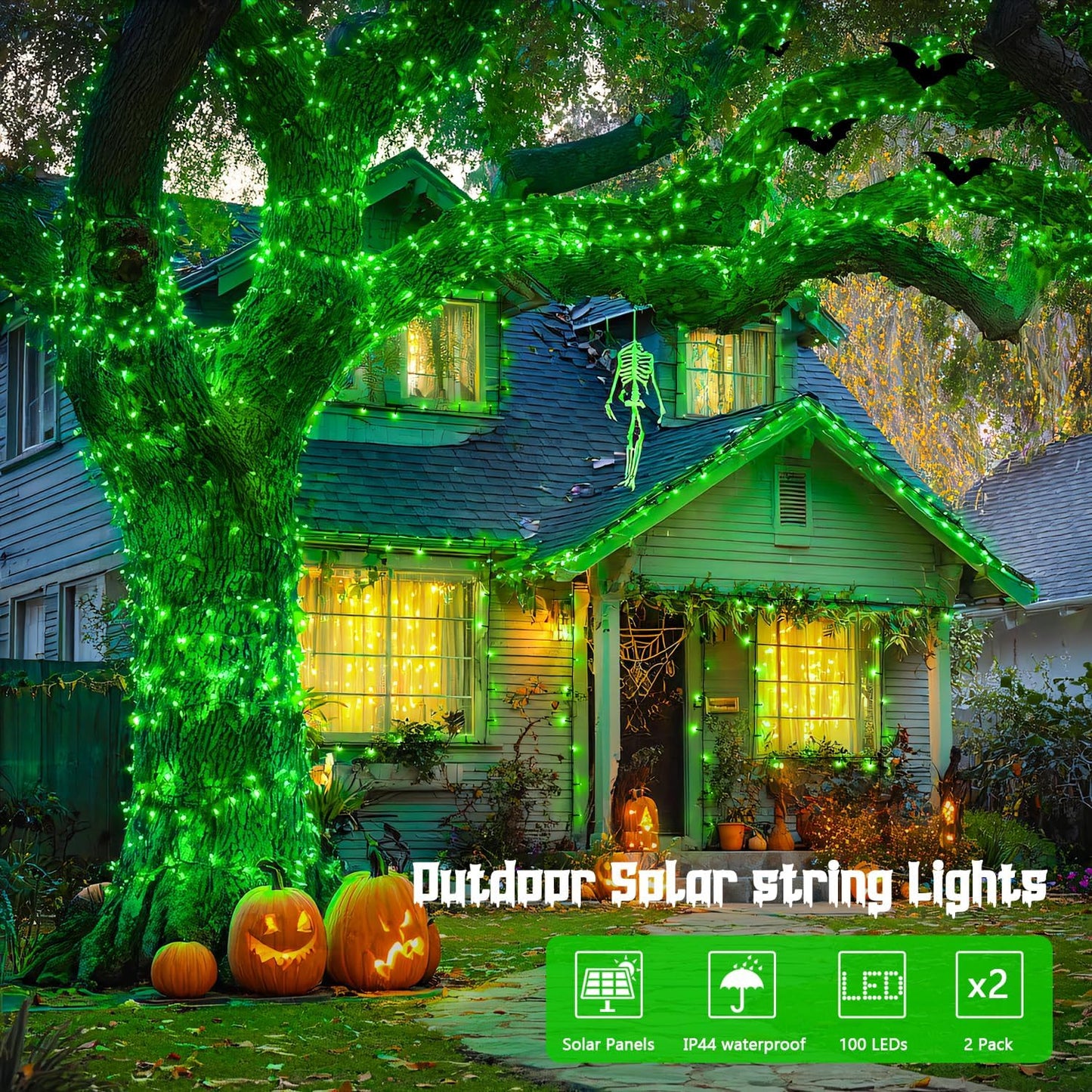 JMEXSUSS 2 Pack Green Solar Lights for Halloween, Each 100 LED 33 FT Green Christmas Lights Outdoor Waterproof, 8 Modes Solar Halloween Light for Outside Christmas Tree Yard Garden Decor