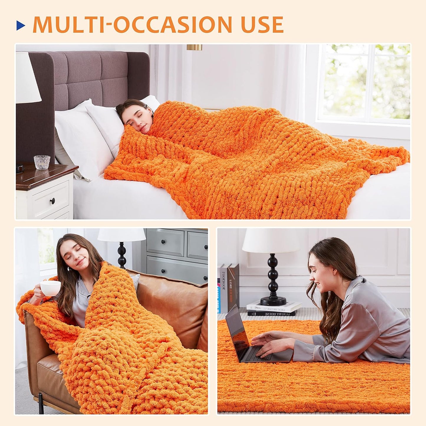 L'AGRATY Chunky Knit Blanket Throw: 30''x40'' Chenille Thick Knitted Throw for Bed & Couch - Handmade Large Crochet Rope Blanket - Orange