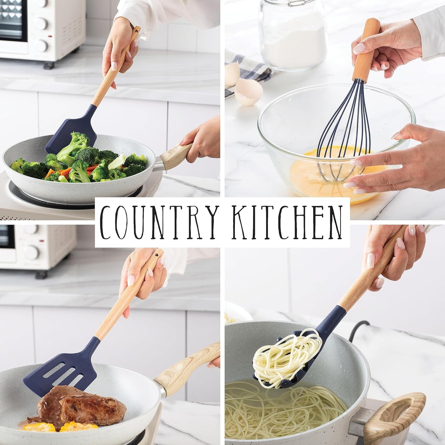 Country Kitchen Non Stick Silicone Utensil Set with Rounded Wood Handles for Cooking and Baking, 38 Piece Set, Navy