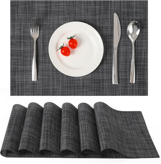 Myir JUN Placemats Set of 6, Vinyl Woven Placemats Place Mats Indoor Washable Table Mats Non-Slip Place mats for Dining Table (Dark Gray-Black, Set of 6)