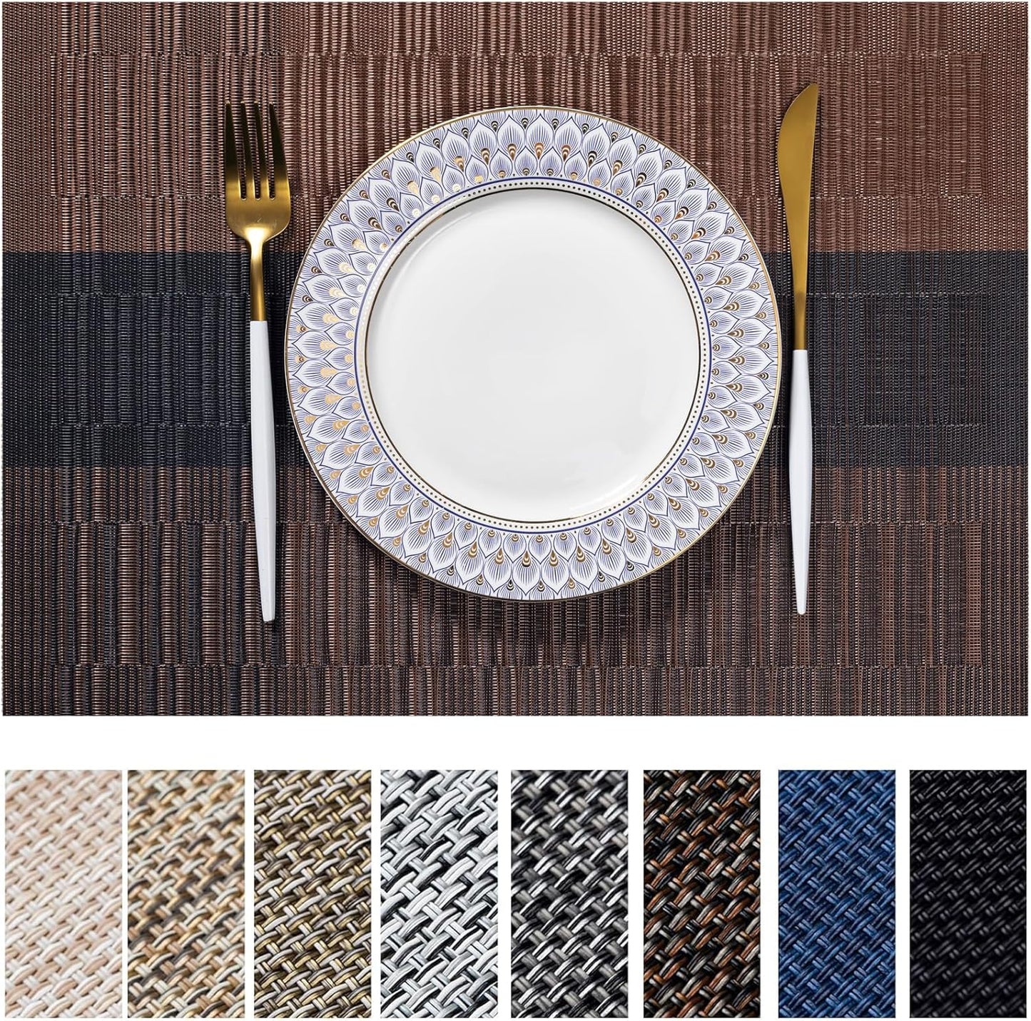 LEXMORE Placemats Set of 4 Vinyl/Plastic Woven Place Mats for Kitchen Table Indoor/Outdoor Washable Placemat Wipeable Dining Table Mats(Ombre Brown Black)