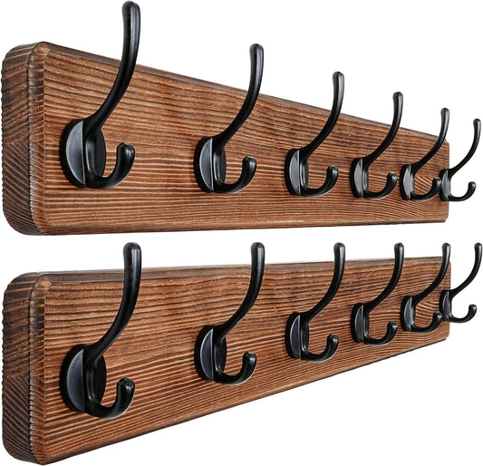 Dseap Wall Mounted Coat Rack: 24" Long, Patented, Heavy-Duty, 6-Double-Hooks Wooden Hanger Rail for Winter Coats, Hat, Jacket, Clothing - Natural & Black, Pack of 2