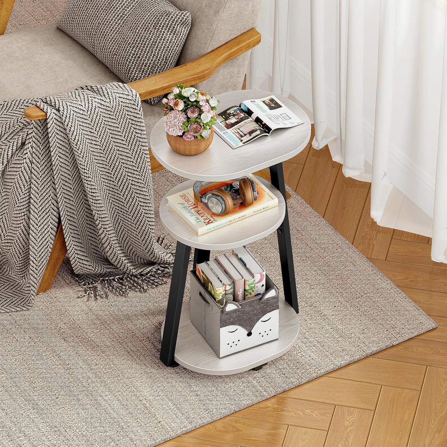 Side Table, Small End Table with Metal Frame, 3-Tier Bedside Tables, Round Side Tables for Living Room Bedroom Couch Bathroom, Oval, White Maple