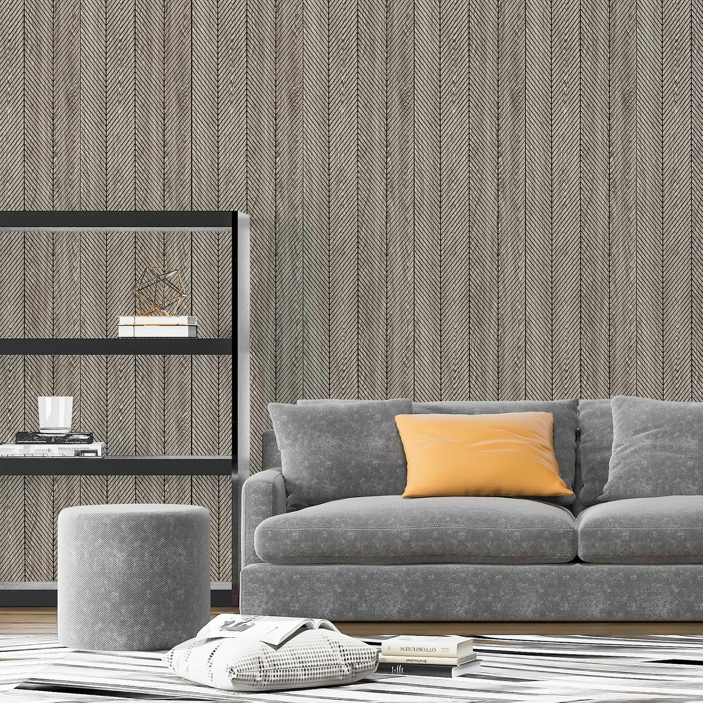 Art3d 4-Pack Glue-On Herringbone Wainscoting Panel for Interior Wall Decor - 104 x 12 Inch Polystyrene Ultralight Slim Slat Wall Panels for Living Room Bedroom, Ashtree