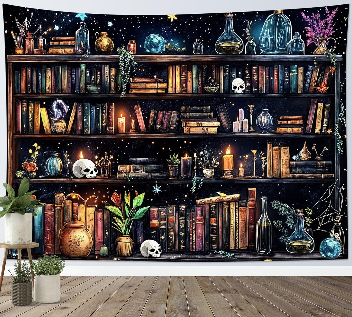 HVEST Magic Bookshelf Wall Tapestry Vintage Bookshelf Witchy Books Plant Skull Gothic Halloween Tapestry Wall Hanging Starry Sky Tapestries for Bedroom Living Room Dorm, 70.9L x 92.5W Inches