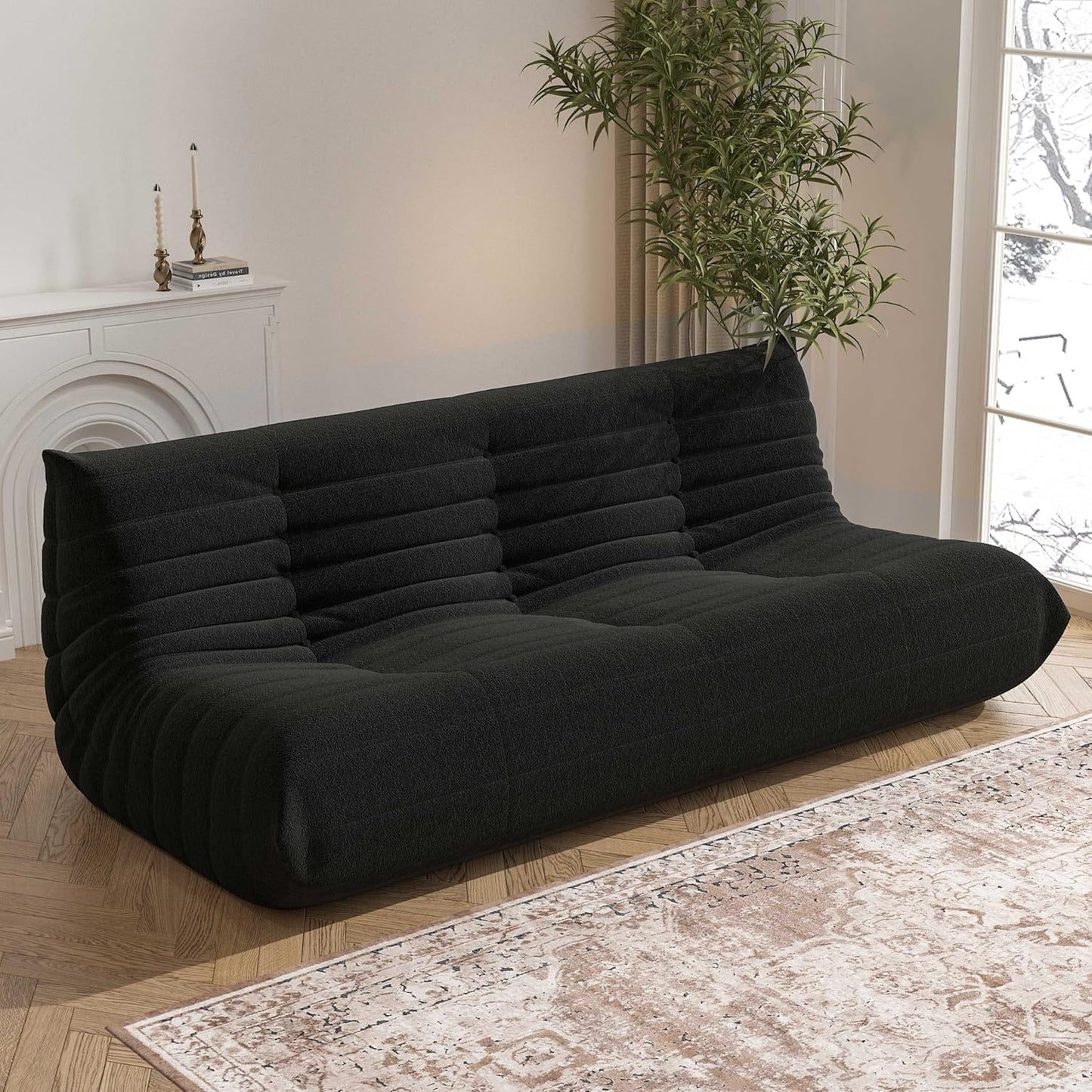 Big Bean Bag Chairs for Adults, 3 Seater Large Bean Bag Chair Sofa, Fireside Chair Lazy Sofa Chair with High Density Comfortable Foam, Modern Bean Bag for Living Room, Bedroom, Office (Black)