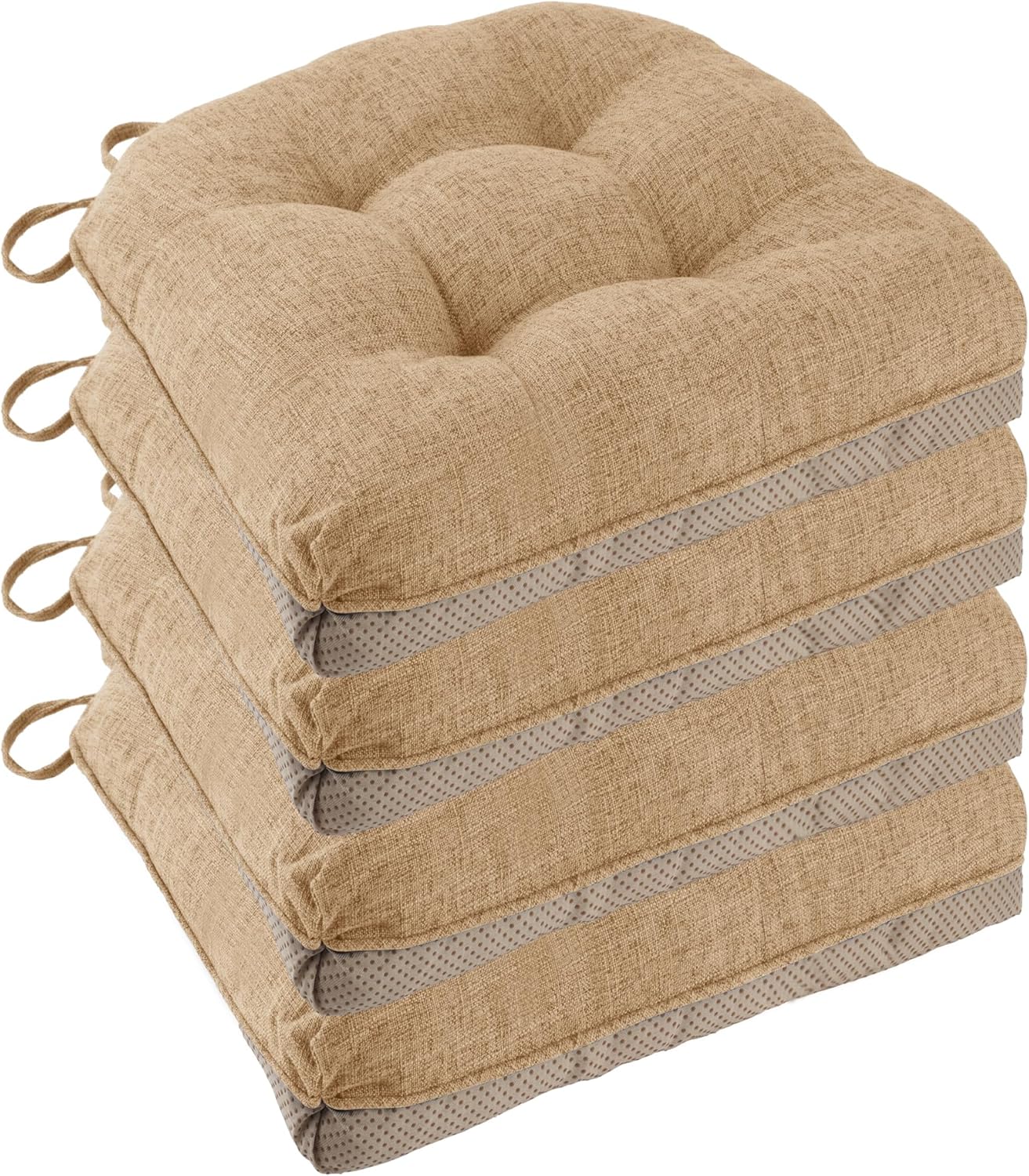 Non Slip Chair Cushions for Dining Chairs Set of 4 Kitchen Chair Cushions 18"x18"x3" Turfted Chair Pads Comfortable and Soft Seat Cushion with Ties, Cappuccino