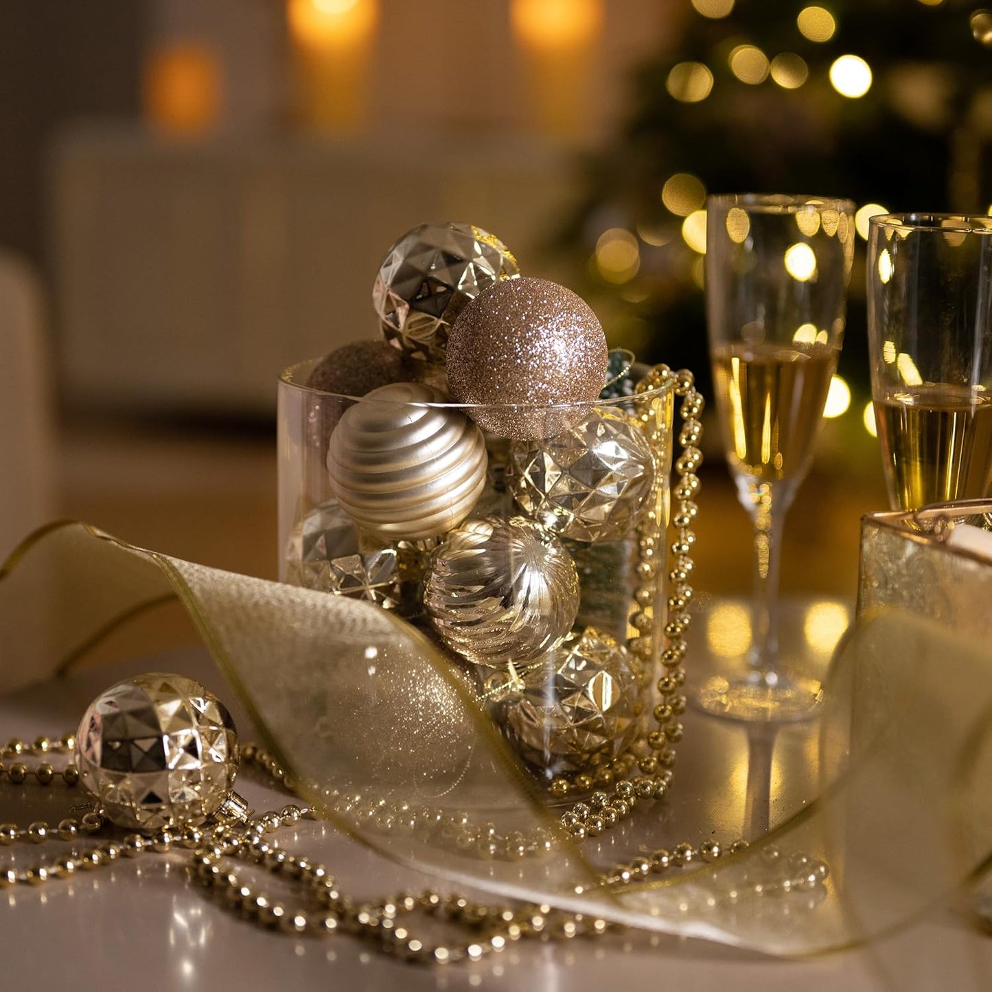 Valery Madelyn Christmas Ornaments Tree Decorations Set for Fall Halloween, 24ct Champagne Gold Shatterproof Ball Ornaments, 2.36" Hanging Ornament Bulk for Xmas Holiday Party Decor