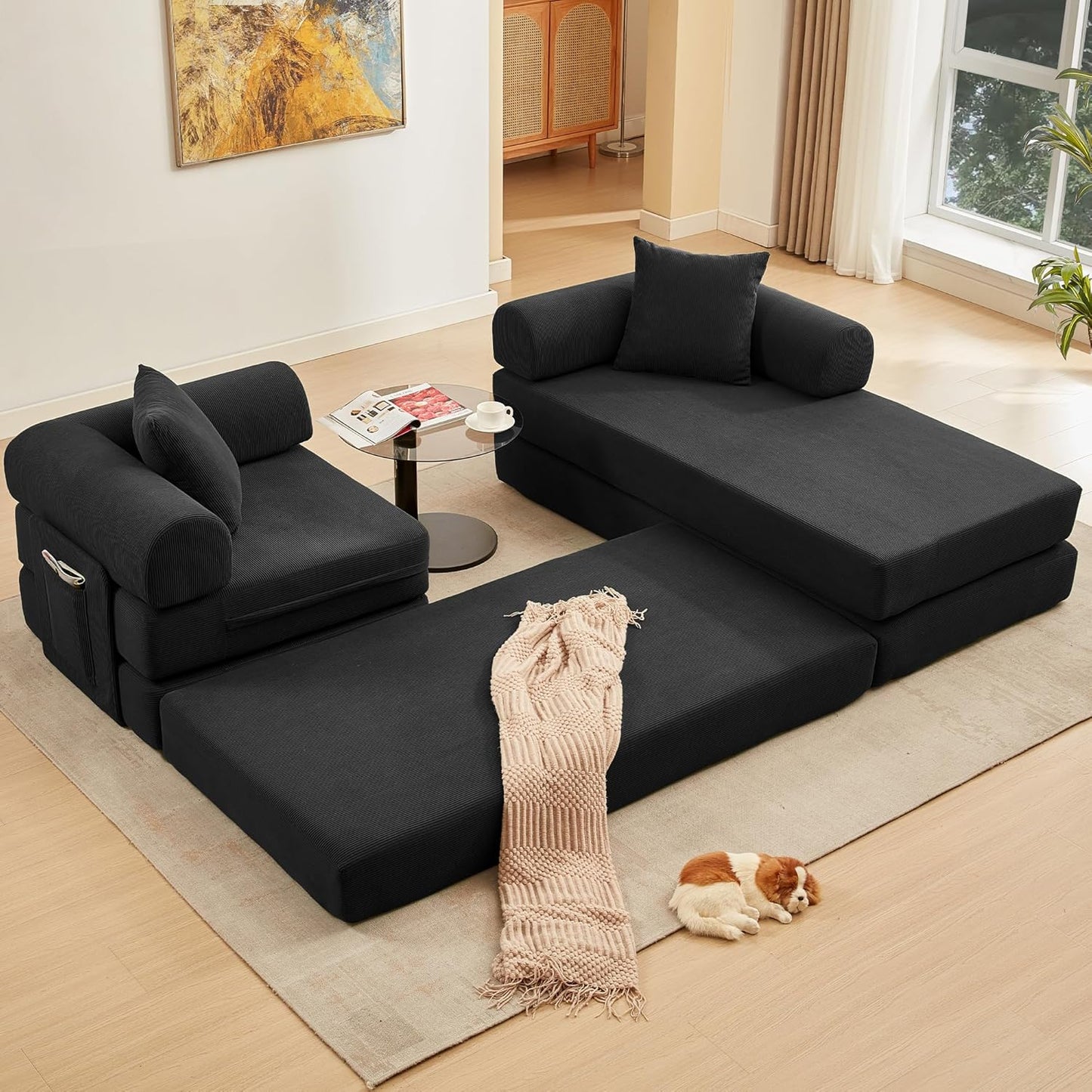 107" Oversized Convertible Sleeper Sofa Bed, Corduroy L Shape Sectional Couch, Folding Sofa Bed with Side Pocket, Modern Cloud Floor Mattress Couch, Modular Sofa for Living Room, Black