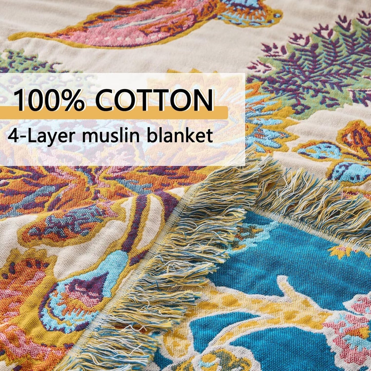 Boho Throw Blanket for Bed, Lightweight Reversible Summer Quilt, Cotton Blanket, Queen Size Boho Floral Bird Colorful Retro Quilt Ultra Soft Reversible Gauze Blanket for All Season, 80"x90"