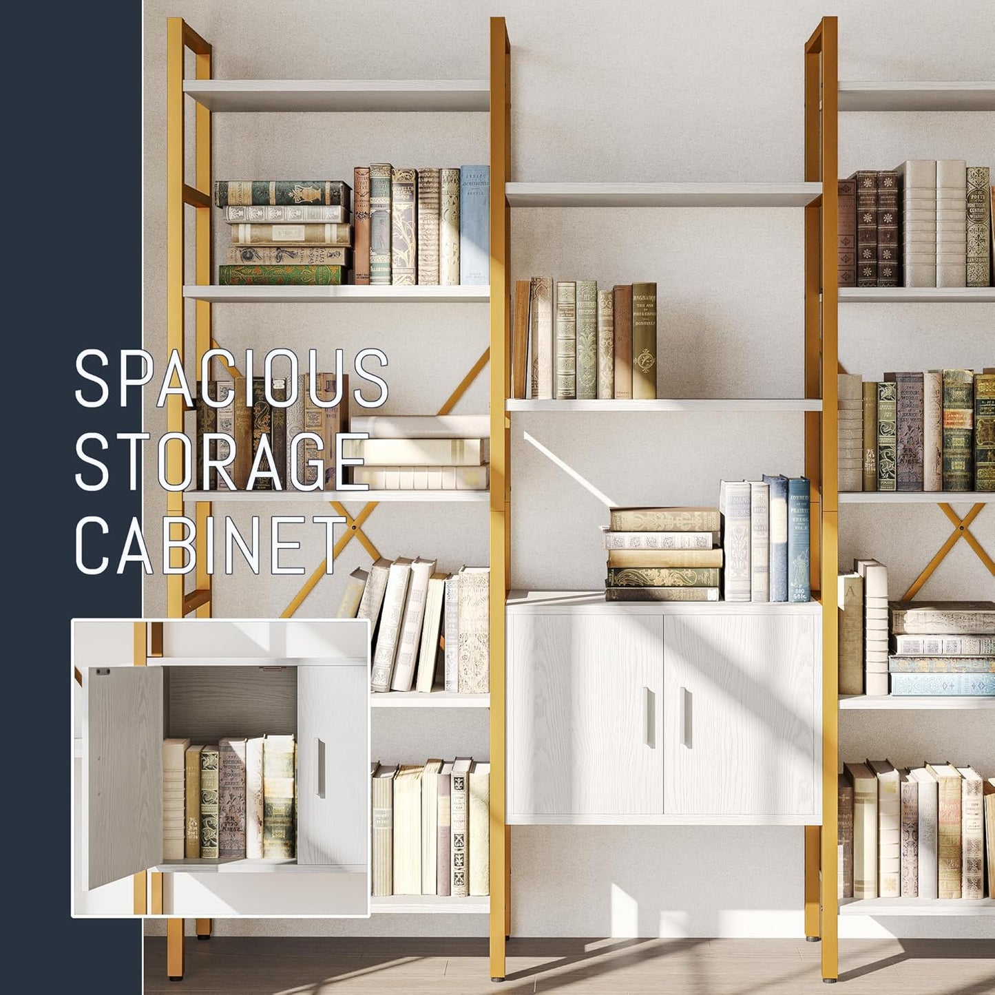 Triple 5 Tier Bookshelf, Industrial Large Bookcase with Storage Cabinet, Tall Gold Bookshelf with 14 Open Display Shelves Metal Frame Furniture for Living Room Bedroom Home Office Gold & White