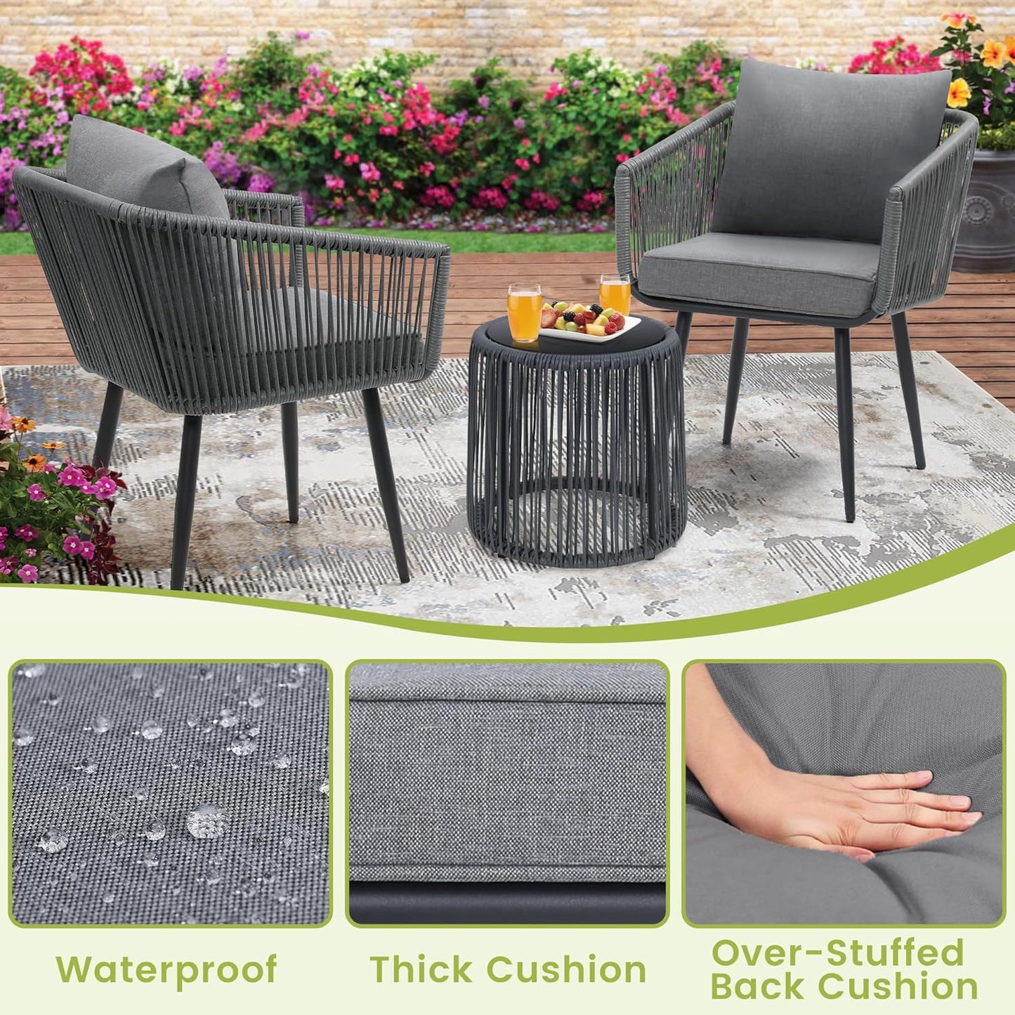 Kromax 3 Pieces Patio Rattan Bistro Conversation Set, Outdoor All-Weather Wicker Furniture Chairs and Side Table Set Ideal for Balcony, Porch and Backyard, Grey