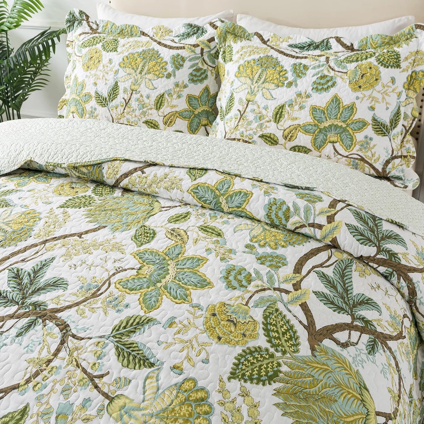 NEWLAKE Cotton Bedspread Quilt Sets - Reversible Patchwork Coverlet Set, Floral Vine Pattern, King Size