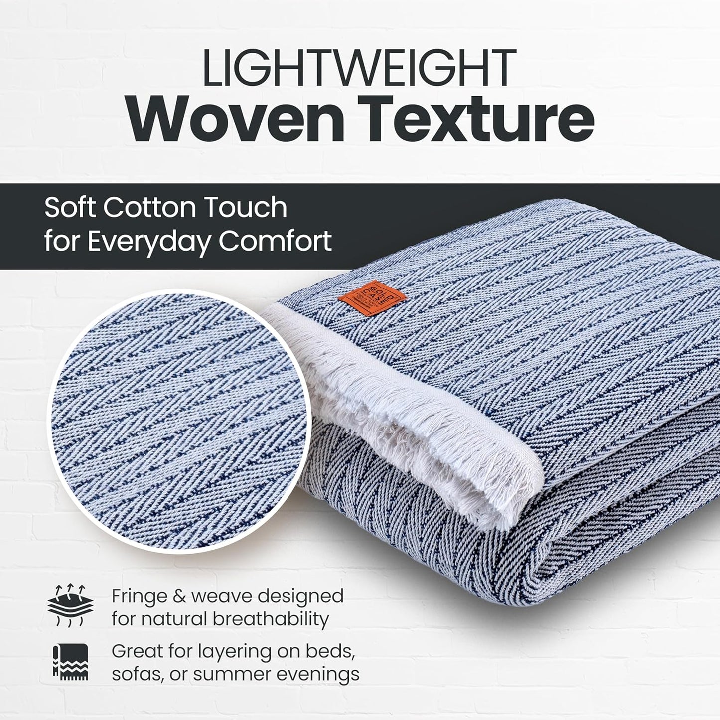 Gold Case Throw Blanket for Bed – 100% Recycled Turkish Cotton Bed Blanket – Decorative Throw Cotton Blankets for Living Room & Bedroom – Vintage Navy Blue Woven Queen Blankets – 90x90