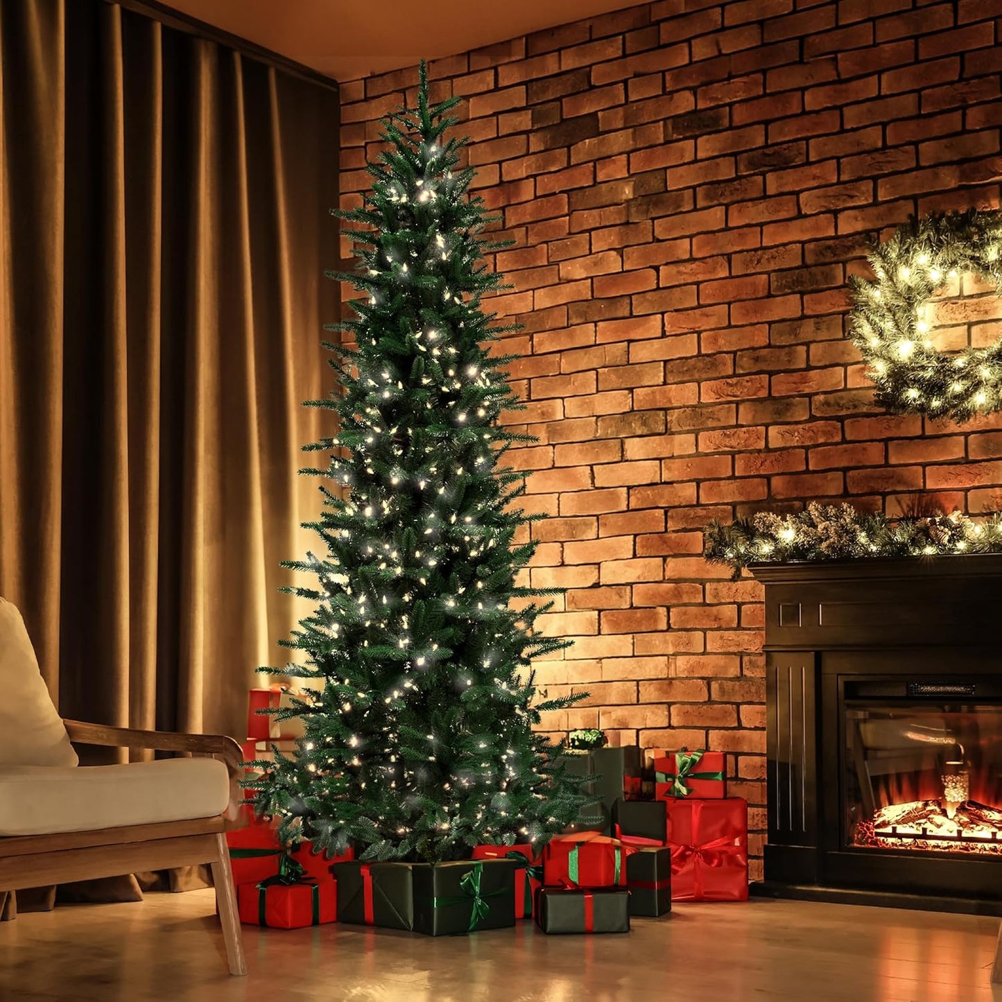 Fraser Hill Farm 9-Ft. Carmel Pine Slim Artificial Christmas Tree with White Incandescent Smart Lights and Stand, Prelit Foldable Fake Tree with Realistic Foliage for Home Decoration