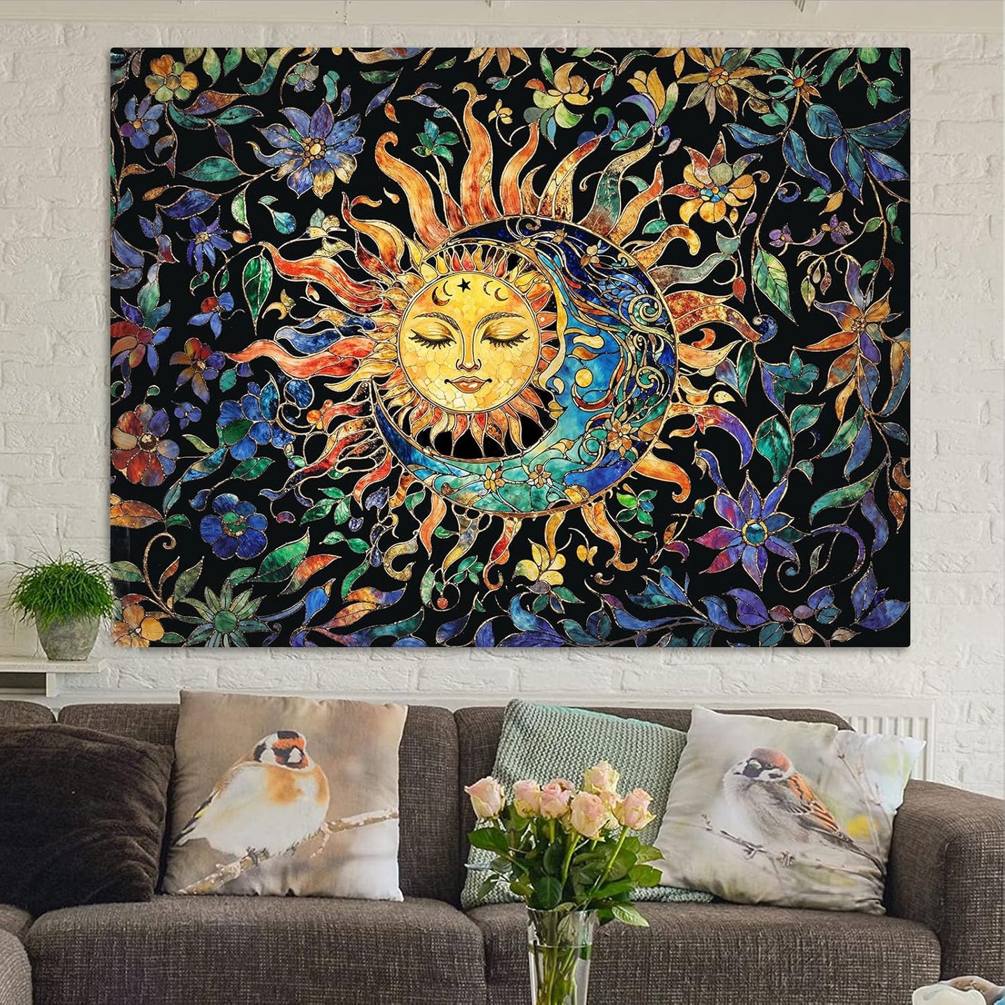 Aipon Sun and Moon Tapestry for Bedroom Boho Hippie Floral Wall Tapestry Aesthetic Vintage Stained Glass Plant Small Tapestries Wall Hanging for Living Room Dorm 48 x 36 Inch