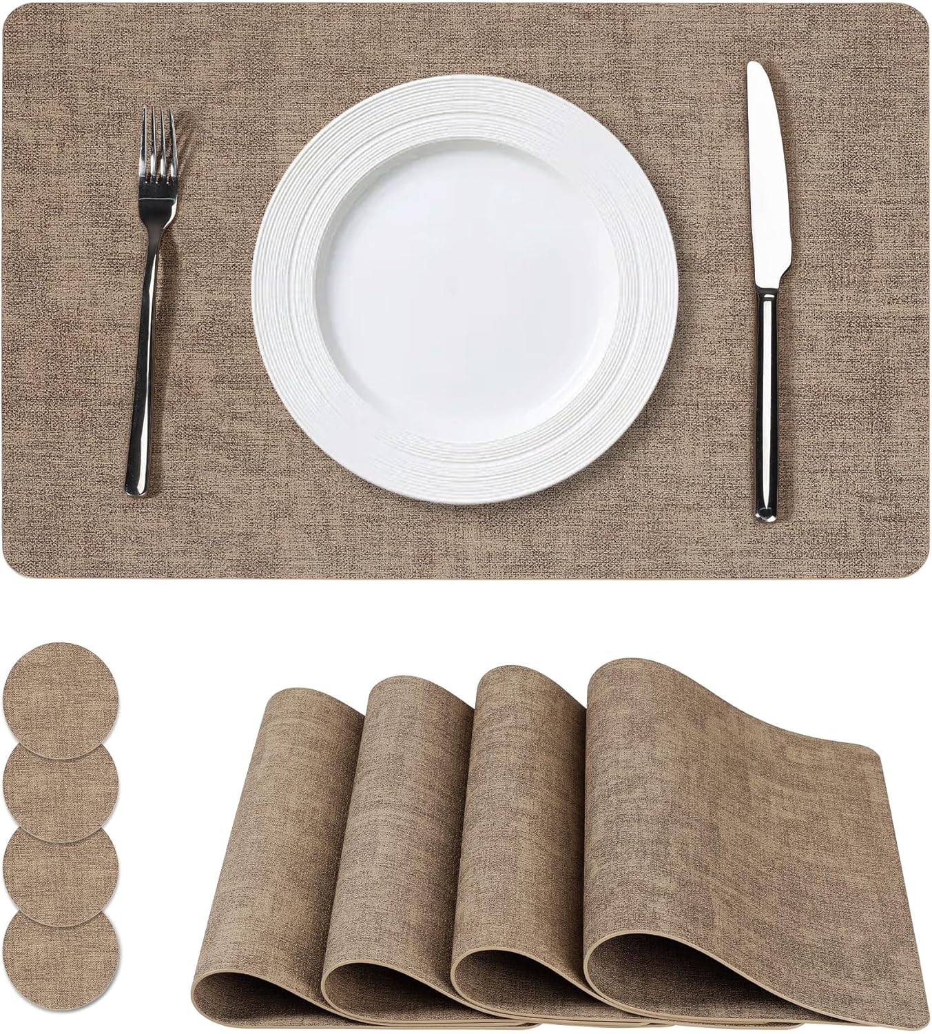 Vinyl Placemats Set of 4, Faux Leather Waterproof and Heat Resistant Place Mats, Washable Anti-Slip Table Mats with Coaster, Wipeable Placemats for Indoor & Outdoor 17" x 12" (Light Coffee, Set of 4)