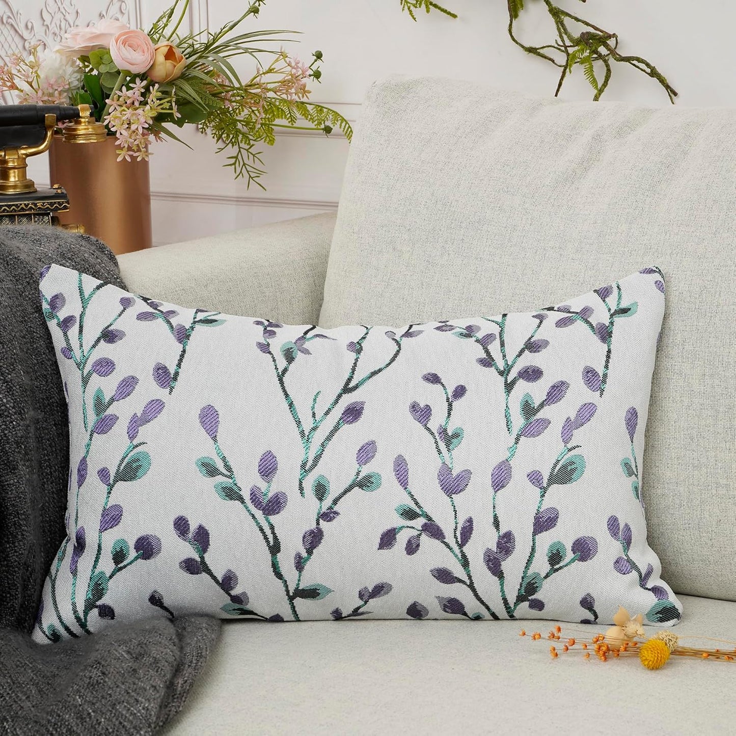 YOUR SMILE Classical Embroidery Jacquard Purple Square Decorative Throw Pillow Case Cushion Cover,12x20 inch