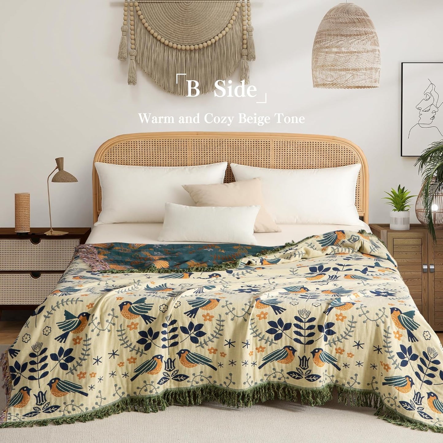 Boho Throw Blanket Queen Size, Oversized Soft Cozy Cotton Muslin Quilt Blanket for Bed Decor, Bird Patterned Couch Sofa Chair Cover, Vintage Farmhouse Cottage Woven Blanket, Green&Beige