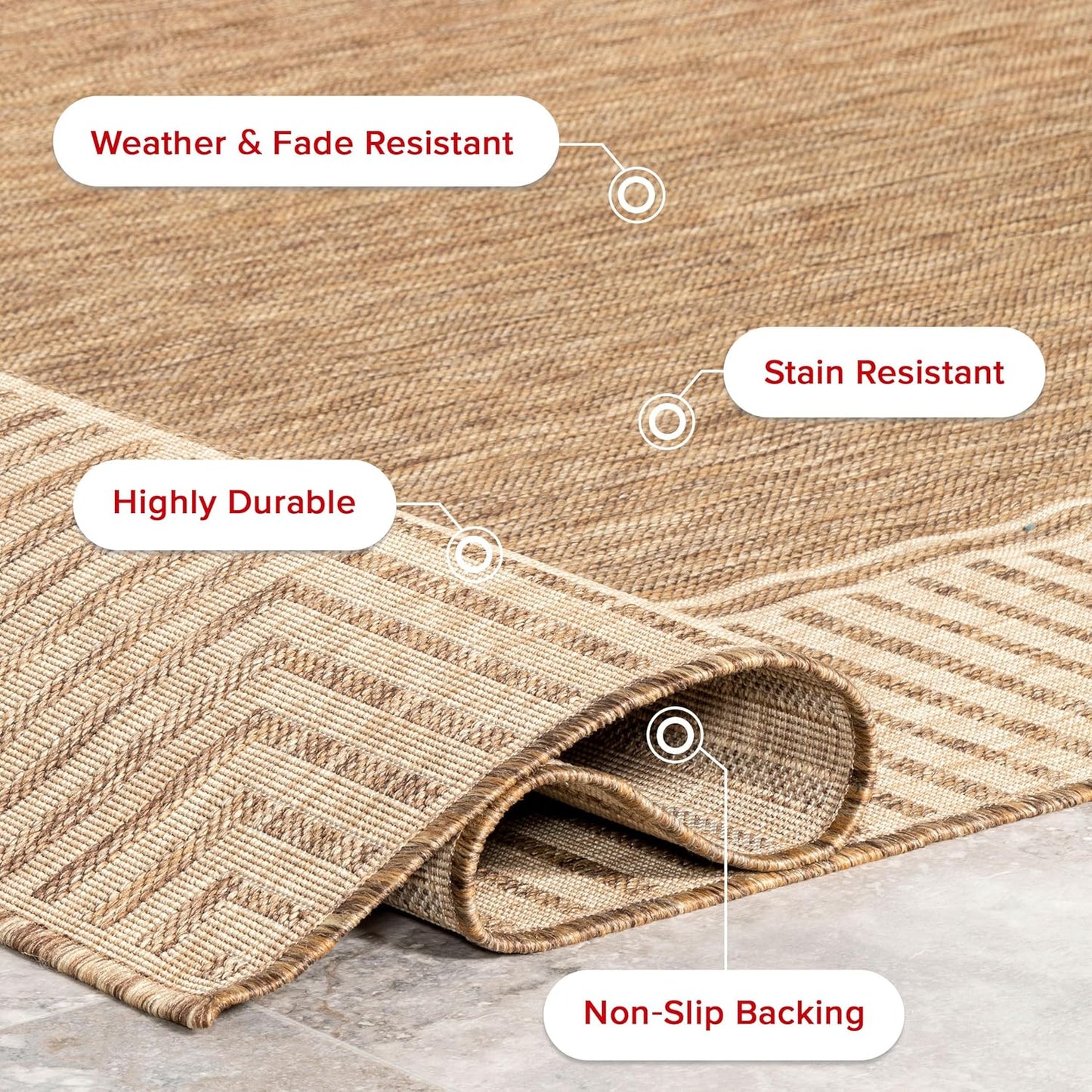 nuLOOM 3'6" x 5' Outdoor Area Rug, Casual Design With Striped Border, Stain Resistant, Highly Durable, For Patio, Balcony, Bedroom, Living Room, Dining Room, Bathroom, Light Brown