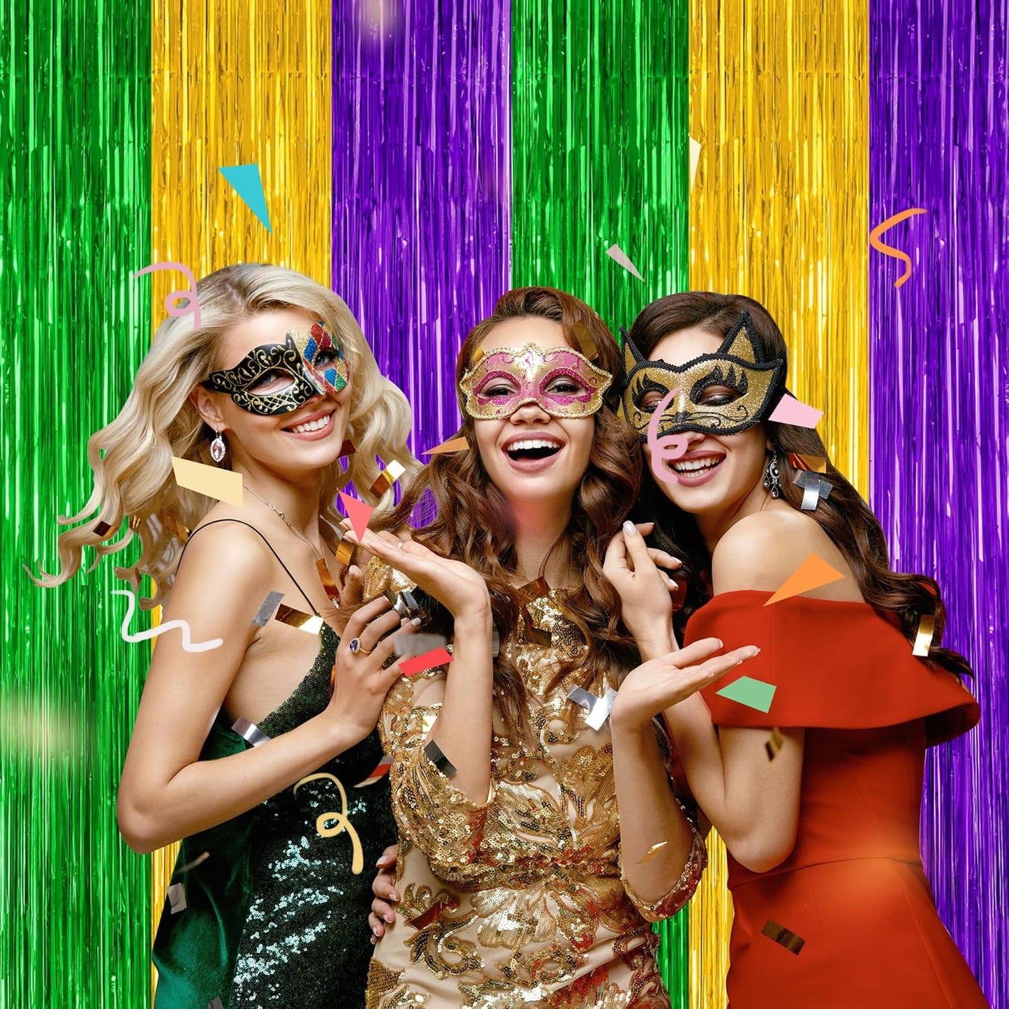 2 Pack Mardi Gras Tinsel Backdrop, 3.28 FT x 7.05 FT Metallic Fringe Curtain, Purple Gold Green Color Foil Backdrop Party Streamer, Mardi Gras Photo Booth Props Lobster Party Decorations