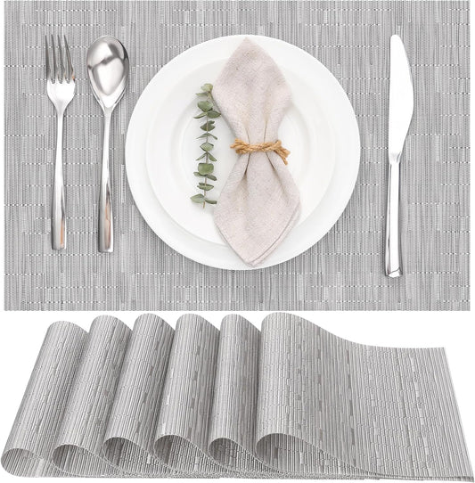 Myir JUN Placemats Set of 6, Vinyl Woven Placemats Place Mats Indoor Washable Table Mats Non-Slip Place mats for Dining Table (Silver, Set of 6)