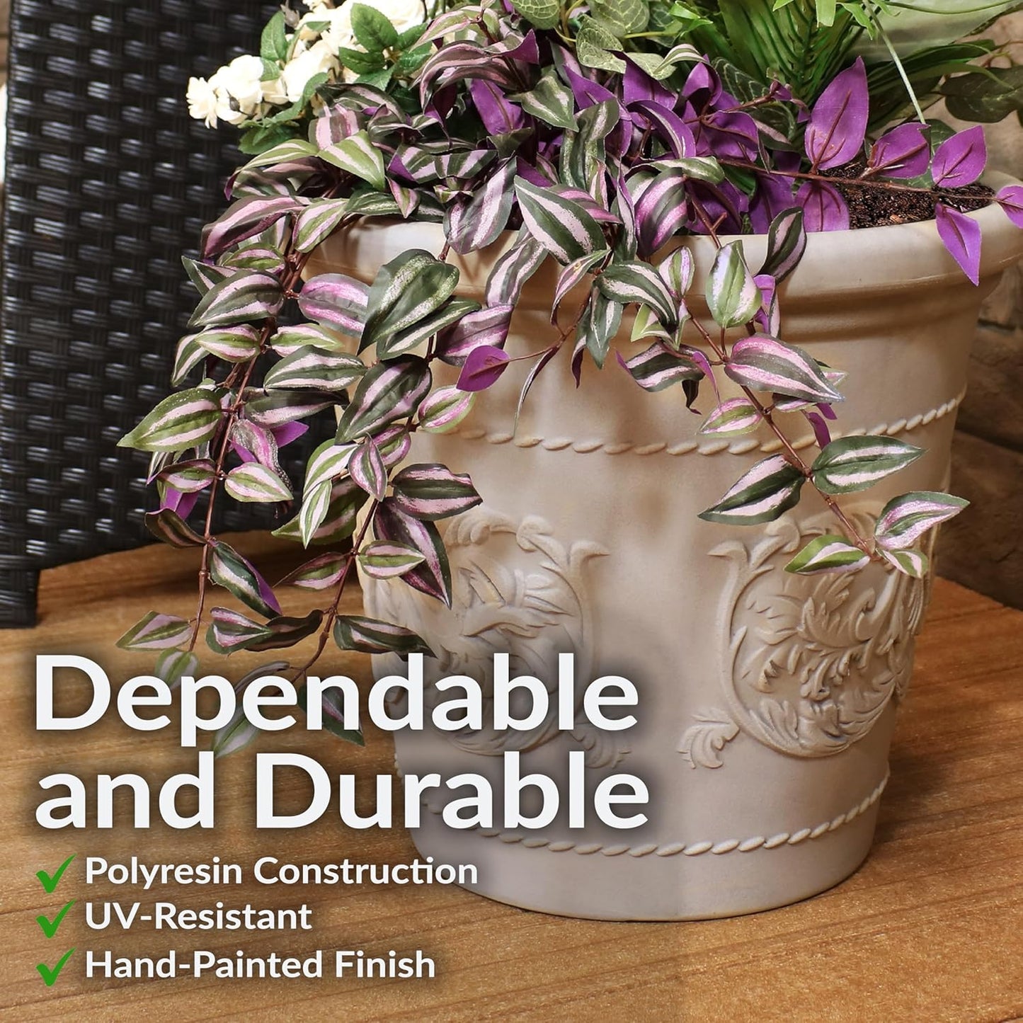 Sunnydaze 19.5-Inch Arabella Large Plant Pot - Polyresin Round Outdoor Planter with Drillable Drainage Holes - 4 Pack - Beige