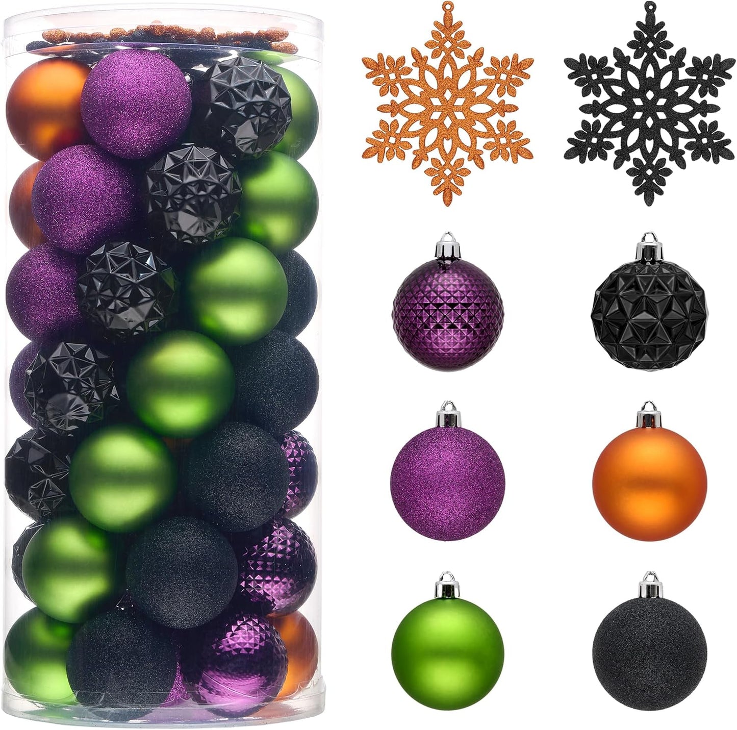 Valery Madelyn Christmas Tree Decorations Ornament Set for Fall Halloween, 50ct 2 Inches Orange Purple Black Shatterproof Christmas Ball Ornaments Hanging Xmas Holiday Party Decor