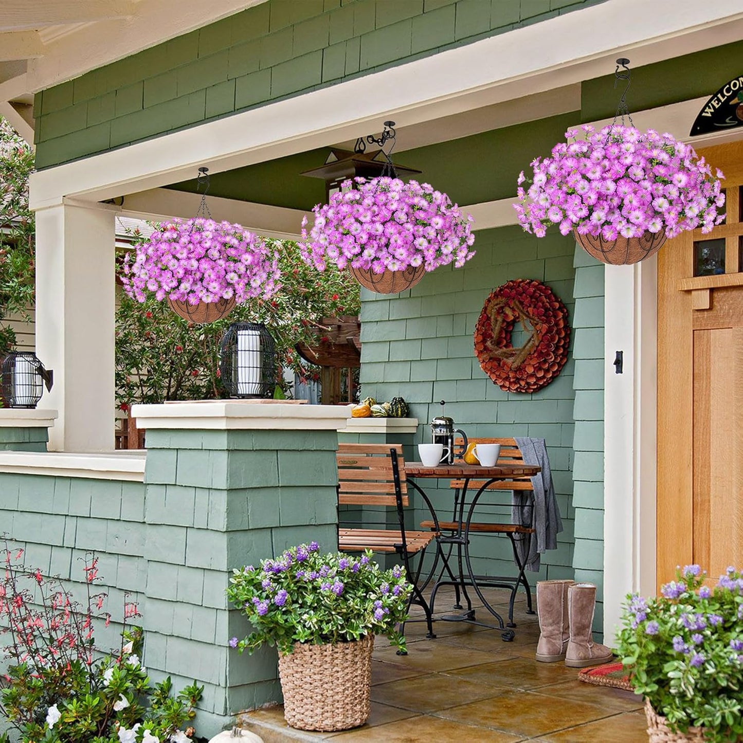 Artificial Faux Hanging Plants Flowers Basket for Outdoor Outside Spring Summer Decoration, Silk Purple Morning Glory in Planter UV Resistant Look Real Fake Flowers for Porch Patio Balcony Home Yard