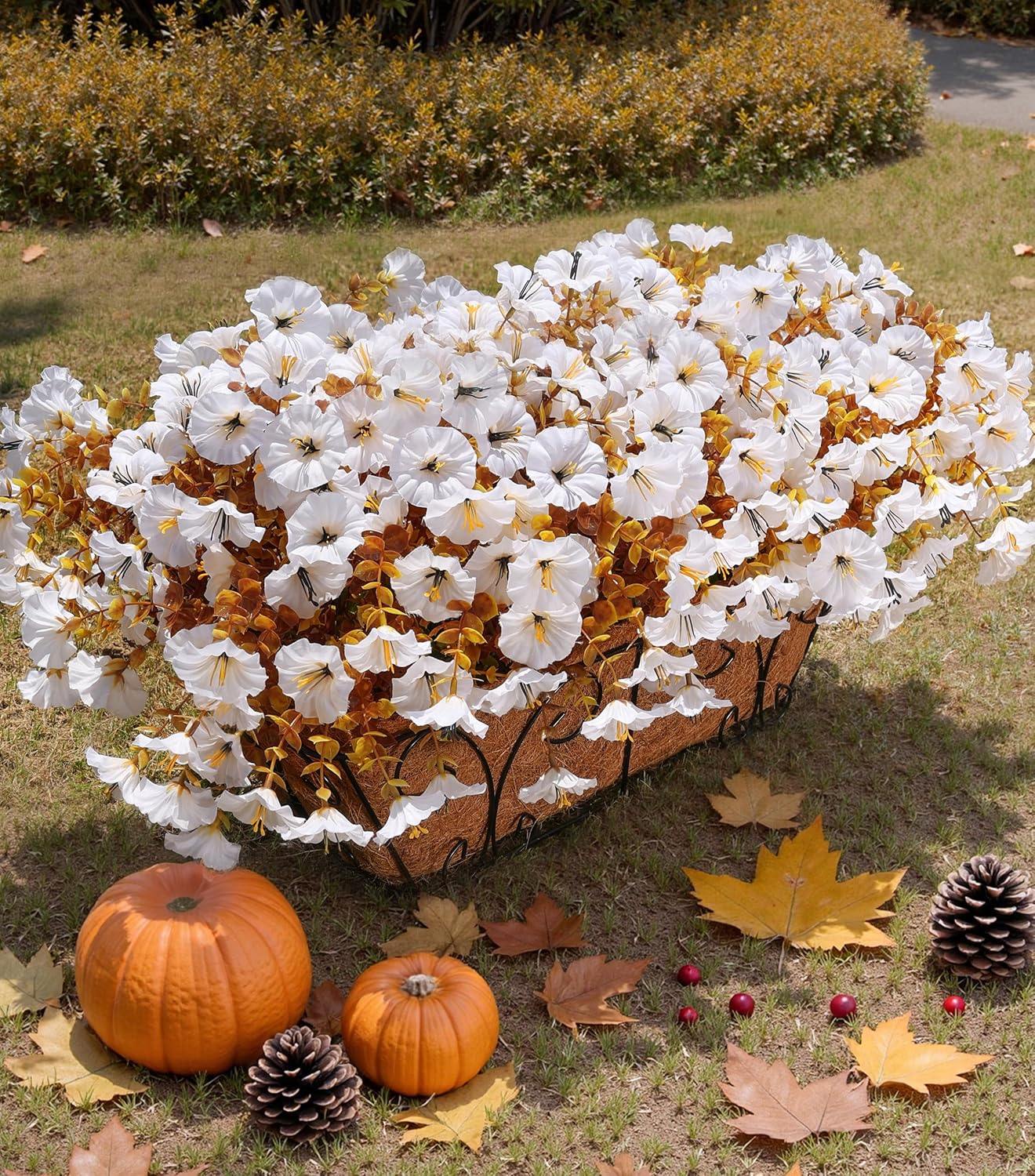 Fake Mums Artificial Fall Flowers Fake Plants for Outdoors Autumn Decor, 12 Bundles White Silk Morning Glory with Eucalyptus Look Real UV Resistant Faux Flowers for Outside Planters Front Door Yard