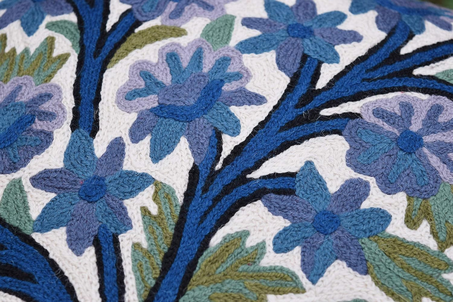 Blue Tree of Life Pillow Cover Indigo Plant Floral Pillowcase Needlepoint Botanical Flower Suzani Cushions Traditional Boho Modern Floral Cushion Wool Size - 18x18
