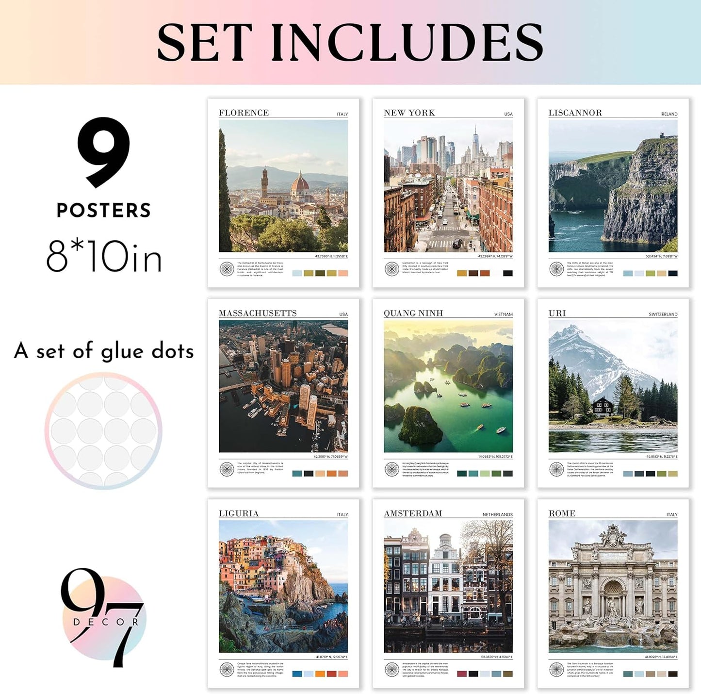 97 Decor Vintage Travel Wall Decor - Around World Travel Wall Art, Trendy City Wall Art Prints, Retro New York Europe Aesthetic Destination Pictures (8x10 Unframed)