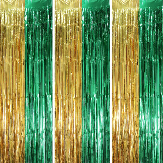 3 Pack 3.3 x 8.2 ft Green and Gold Foil Fringe Backdrop Curtains, Tinsel Streamers Party Decorations, Fringe Backdrop, Door Shimmer for Graduation or Birthday Party