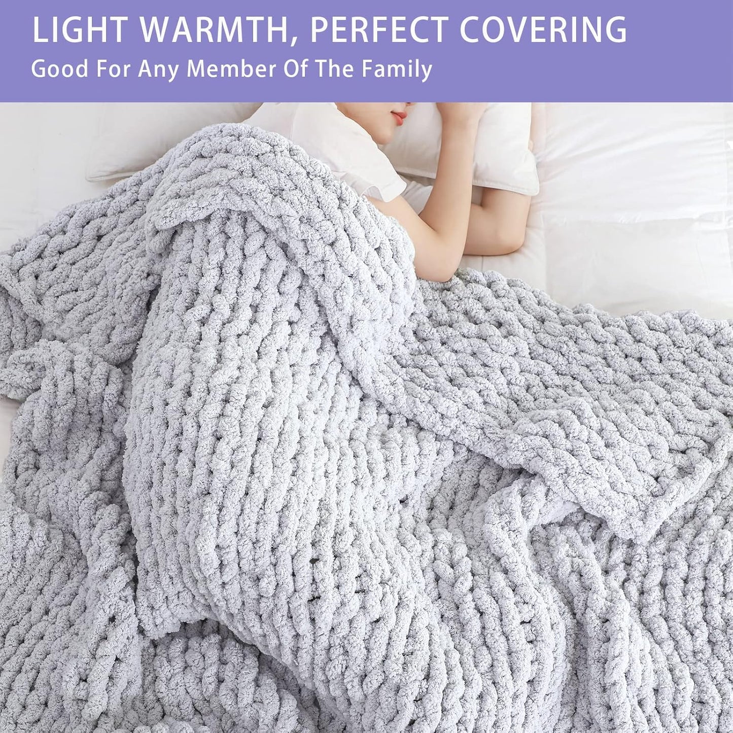 Bigacogo Chunky Knit Throw Blanket for Couch, 40x60 inches, 100% Hand Knitted with Thick Jumbo Chenille Yarn, Cozy Soft Large Rope Knot Cable Crochet Blankets for Sofa Bed Living Room, Light Grey