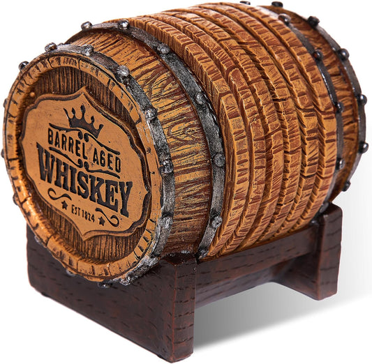 Cabin Obsession Whiskey Barrel Coaster Set – Handcrafted Whiskey Barrel Decor for Whiskey Lovers and Man Cave Gifts for Men - 6 Full Size Whiskey Coasters with Barrel Style Holder for Man Cave Décor