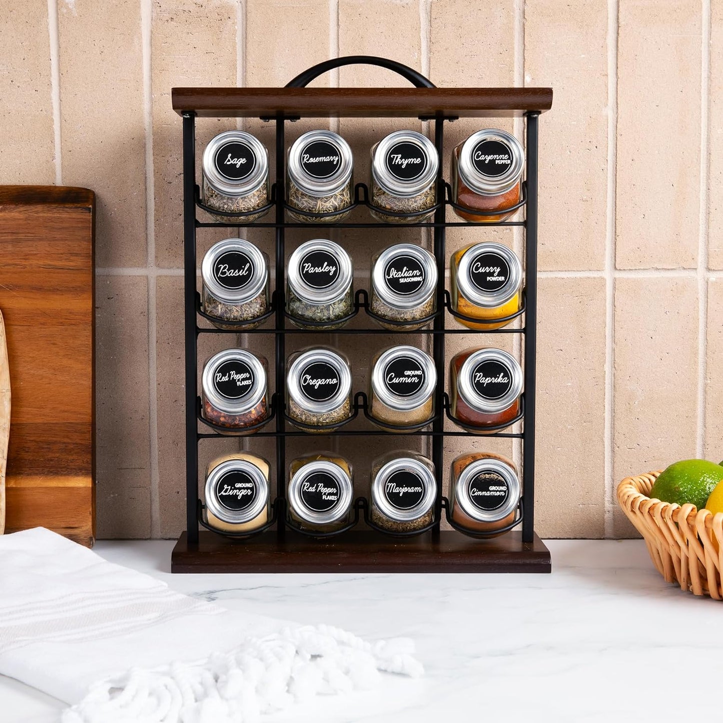 Orii 16 Jar Acacia Wood & Metal Wire Spice Rack with Spices Included, Storage for Spices and Seasoning, Black & Brown