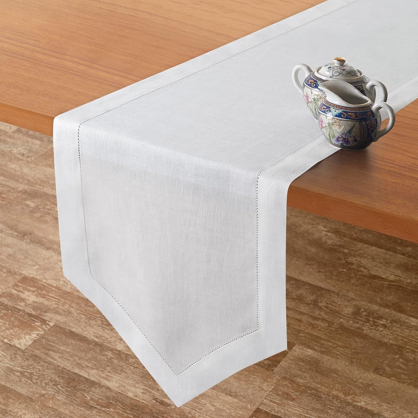 D'Moksha Homes White Linen Table Runner 72 Inches Long - 100% Pure Linen Diamond Table Runner 14 x 72 Inch for Dining, Fall and Halloween - Machine Washable
