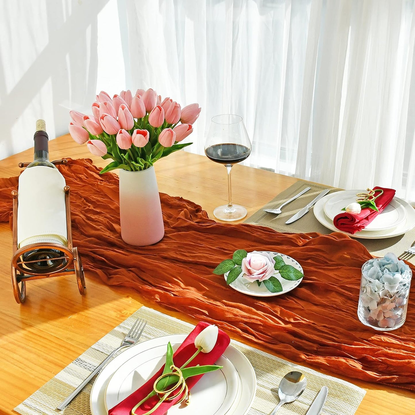 Mandy's Artificial Tulips 28 Stems Light Pink with Gradient Pink Vase PU Faux Flowers for Wedding Home Decor 13.5 Inch