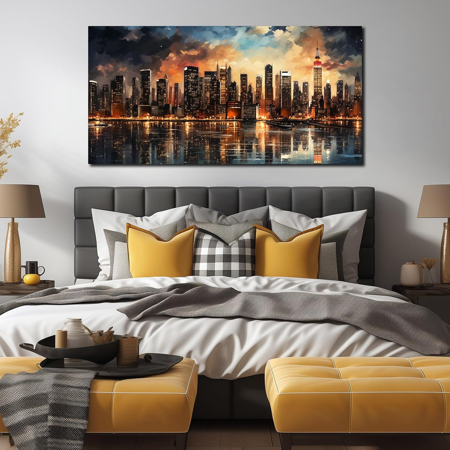 New York Skyline Wall Art for Office,Modern Living Room Wall Paintings City Wall Decor for Bedroom 29 x 59 Inch