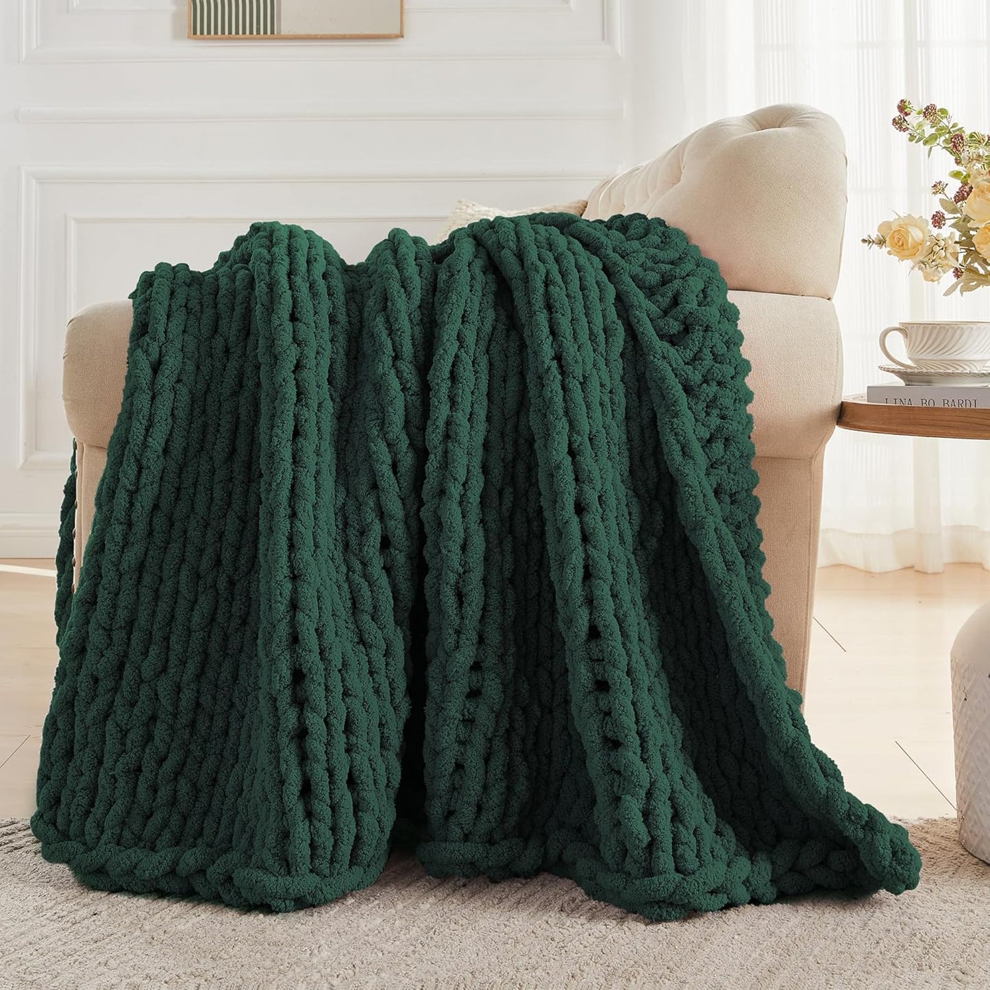 Carriediosa Chunky Knit Throw Blanket 60" X 80" Twin, 100% Hand Made Large Chenille Loop Yarn Soft Fluffy Throws for Couch Sofa Bed, Big Crochet Cozy Heavy Thick Cable Woven Blankets, Dark Green