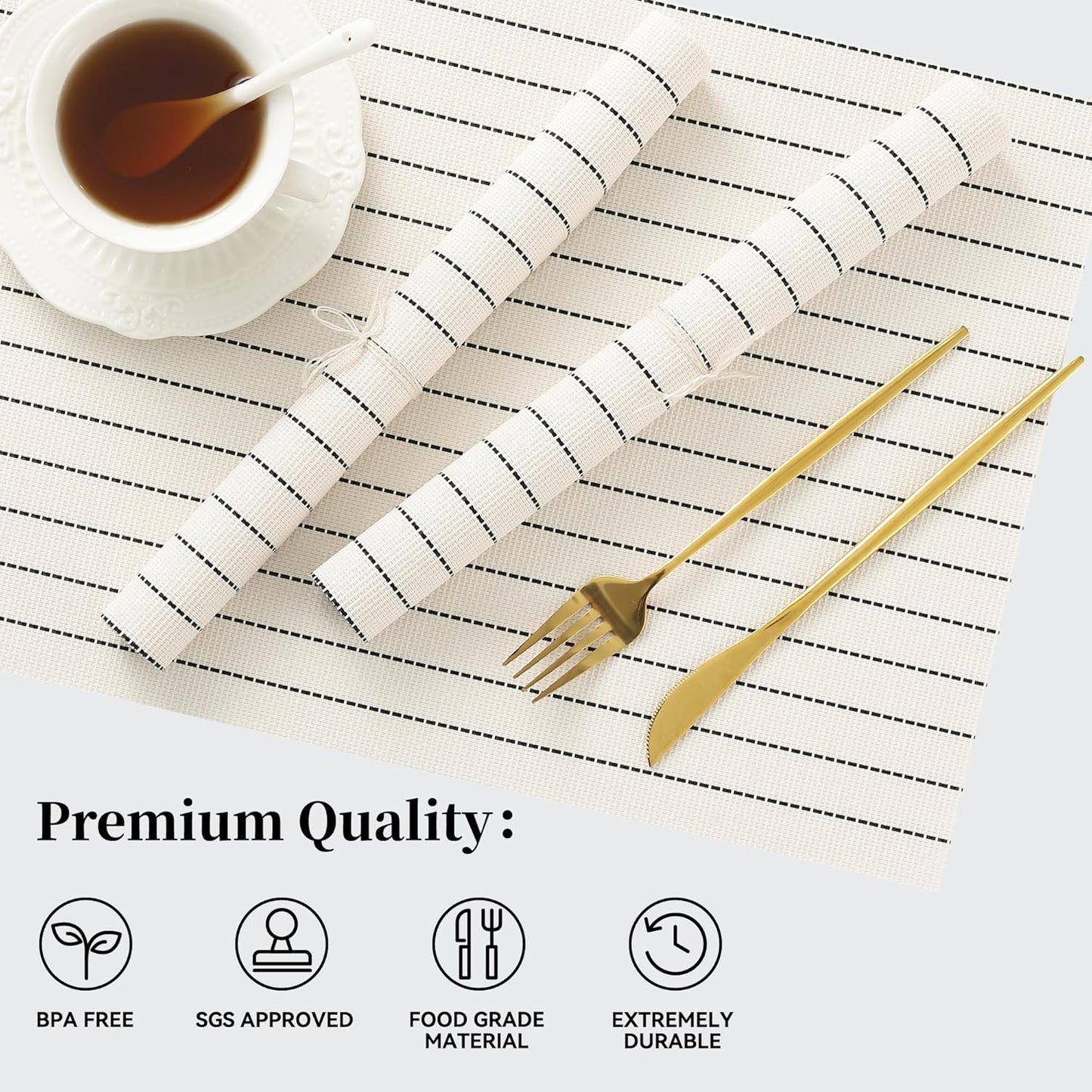 Leetaltree White with Black Stripes Placemats Set of 8 - Heat Resistant Non-Slip Place mats for Dining Table, Washable Durable PVC Vinyl Woven Table Mats（White Stripes, 8）