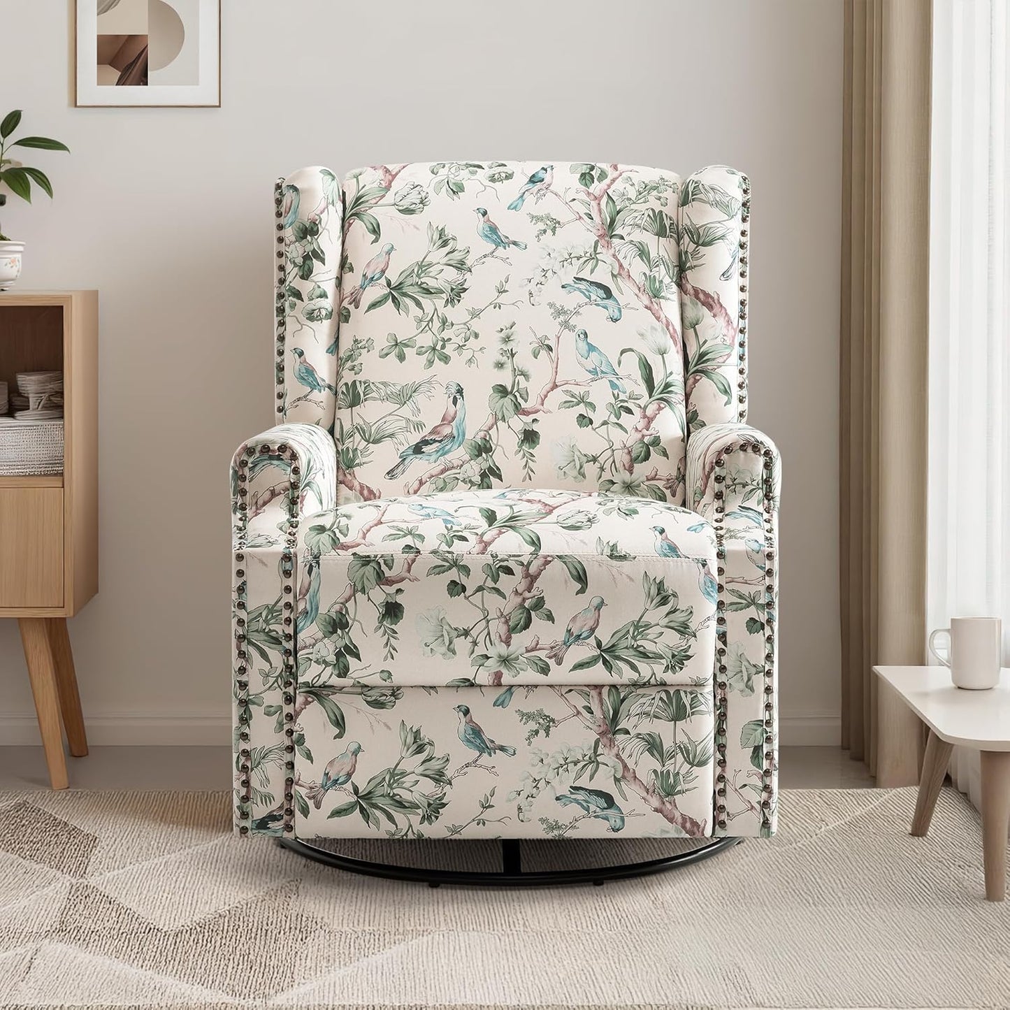UIXE Swivel Rocker Manual Recliner Chair, Wingback Swivel Glider Fabric Nursery Reclining Sofa Chair, High Back Upholstered Arm Chair for Living Room Bedroom - Bird Pattern