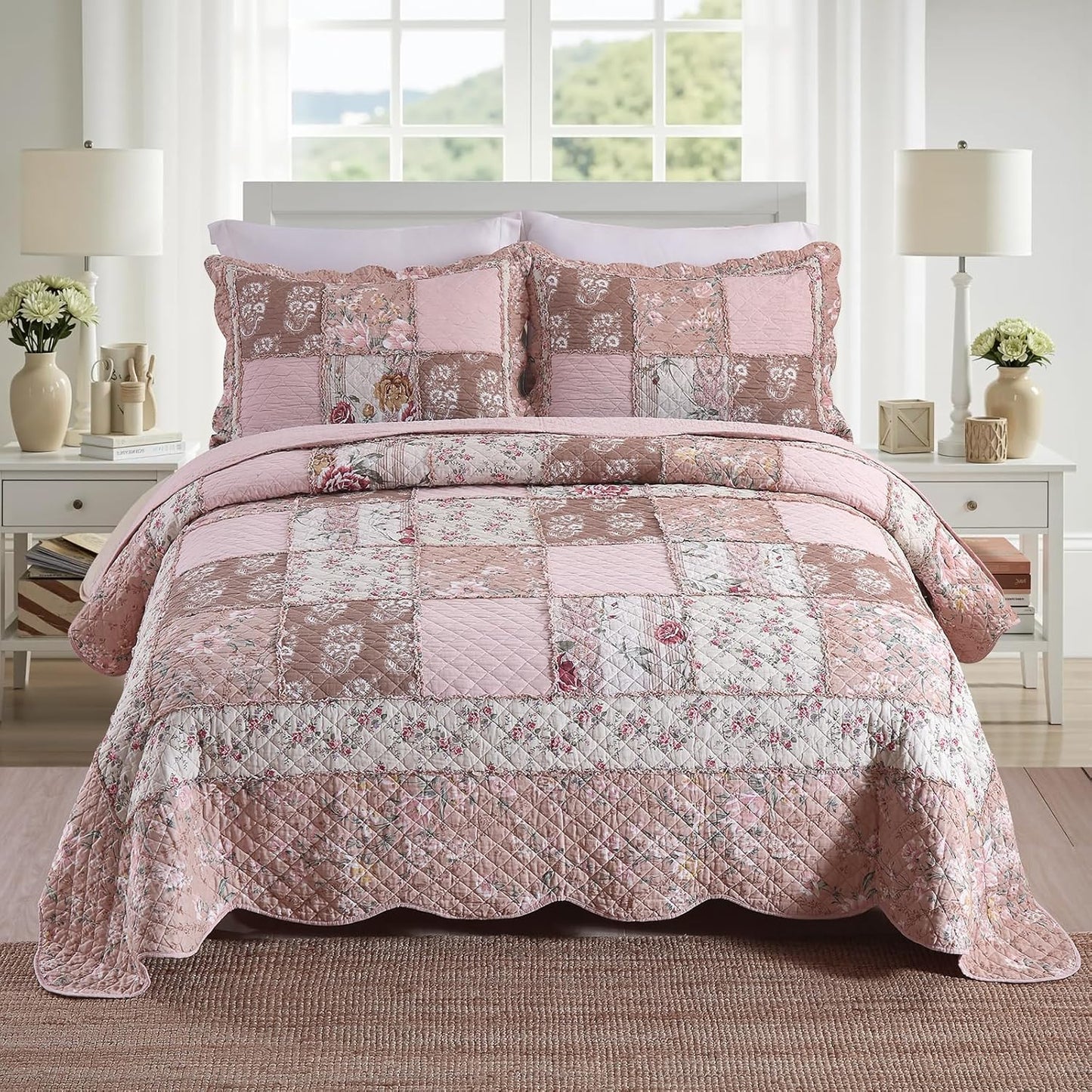 NEWLAKE Quilt Set Queen Size, Cotton Patchwork Pink Floral Quilt Sets, Real Stitched Embroidery Bedspread Lightweight and Breathable for All Seasons, Soft Quilted with 2 Pillow Shams