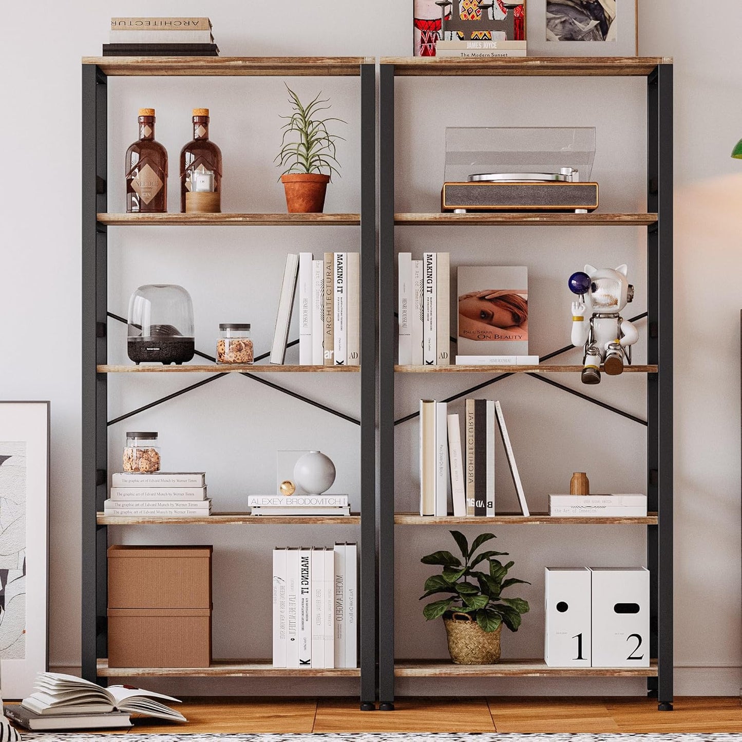 IRONCK Bookshelves and Bookcases, 31.5in Wide Shelf 5-Tier Ladder Shelf 110lbs/shelf Vintage Industrial Style Bookcase for Bedroom Living Room Home, Rustics Brown