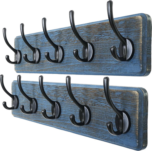 Dseap Coat Rack Wall: Patented, Heavy-Duty, 5-Double-Hooks Wooden Wall Mounted Coat Rack Coat Hanger Hook Rail for Winter Coats Hat Jacket Clothing, Weathered Blue, Pack of 2