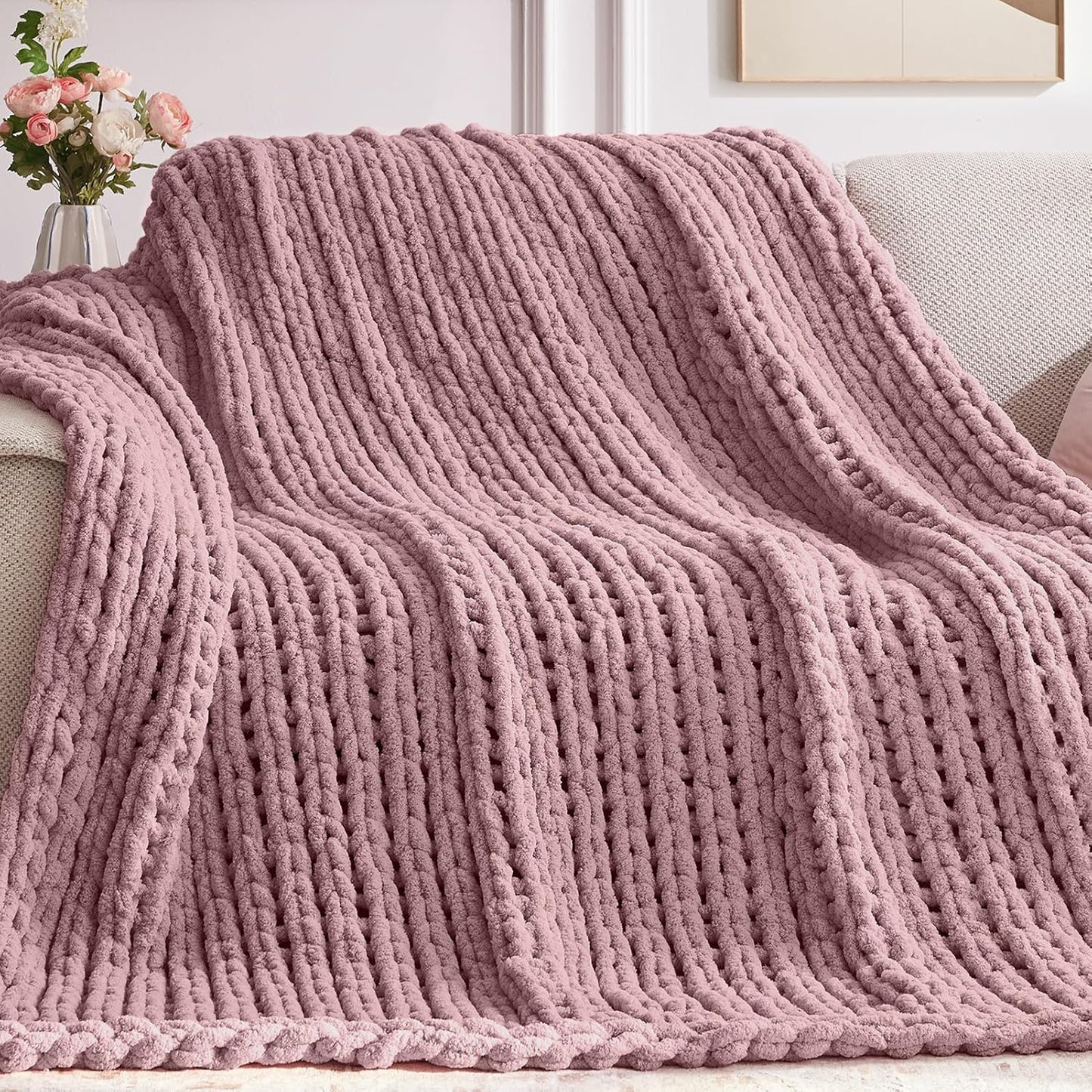 Chunky Knit Throw Blanket, 60''*80'' Knitted Throw Chenille Yarn for Bed Couch, Handmade Muted Pink Crochet Big Thick Blanket, Machine Washable Cute Comfy Blanket for Home Decor