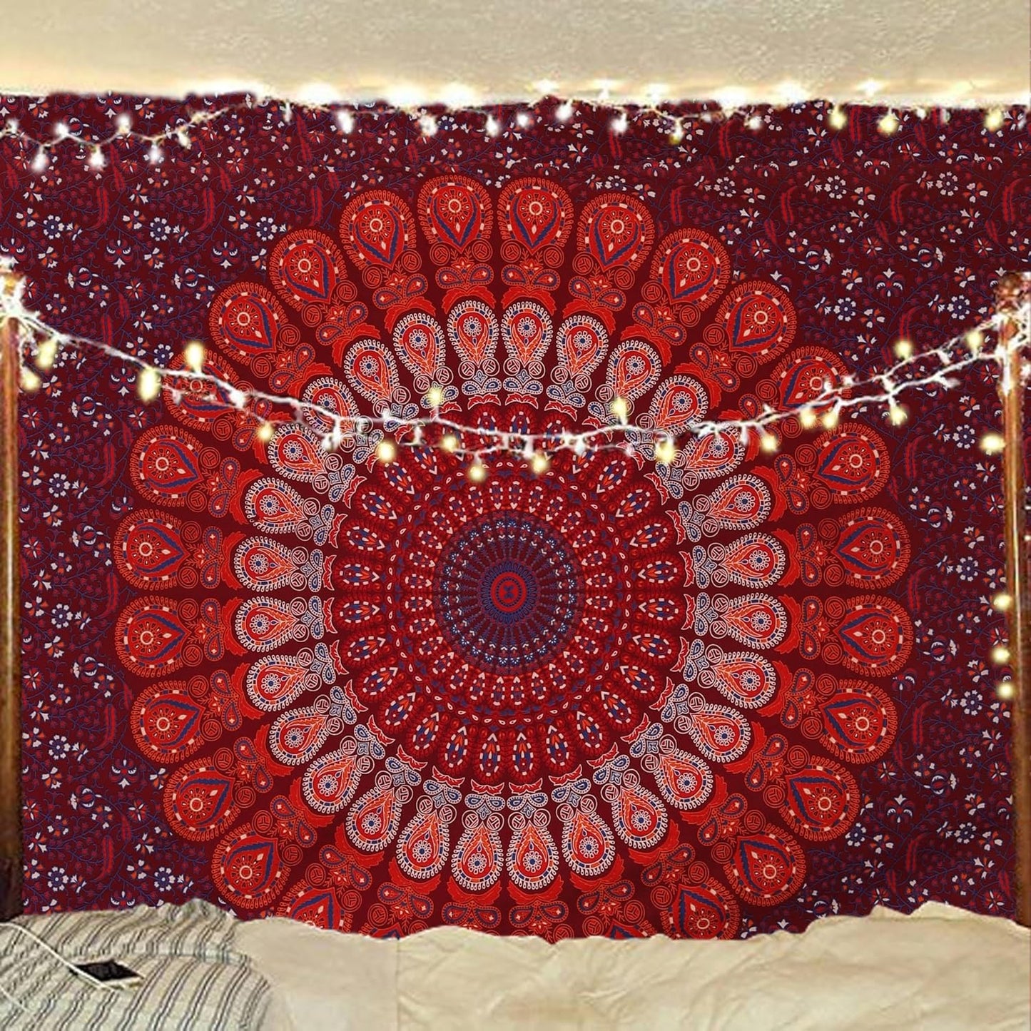 Bless International Handmade Indian hippie Bohemian Psychedelic Peacock Mandala Wall hanging College Dorm Beach Throws Table Cloth Bedding Tapestry (Blue Red, Twin(54x72Inches)(140x185cms))